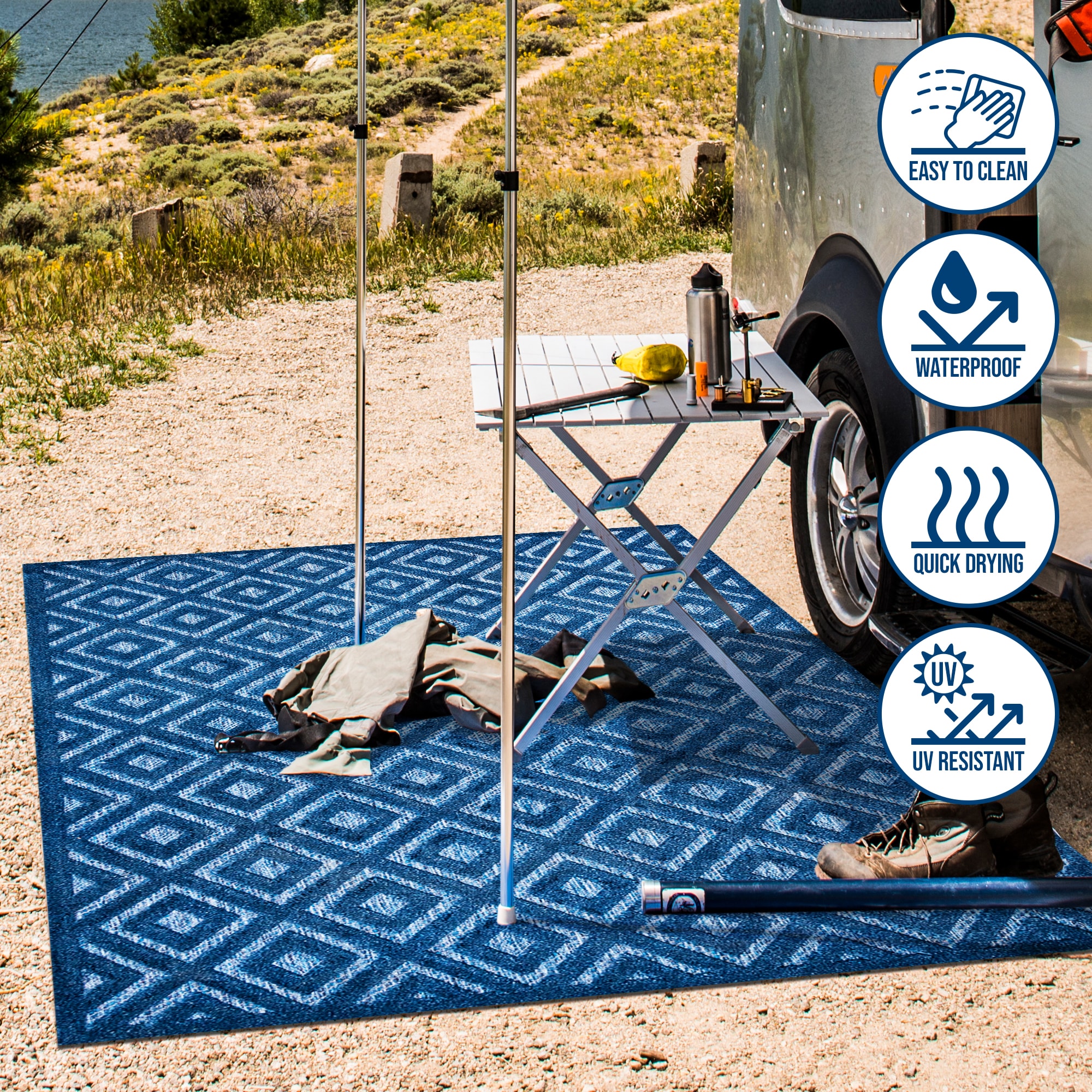Navy Geometric Synthetic Rectangular Indoor/Outdoor Area Rug
