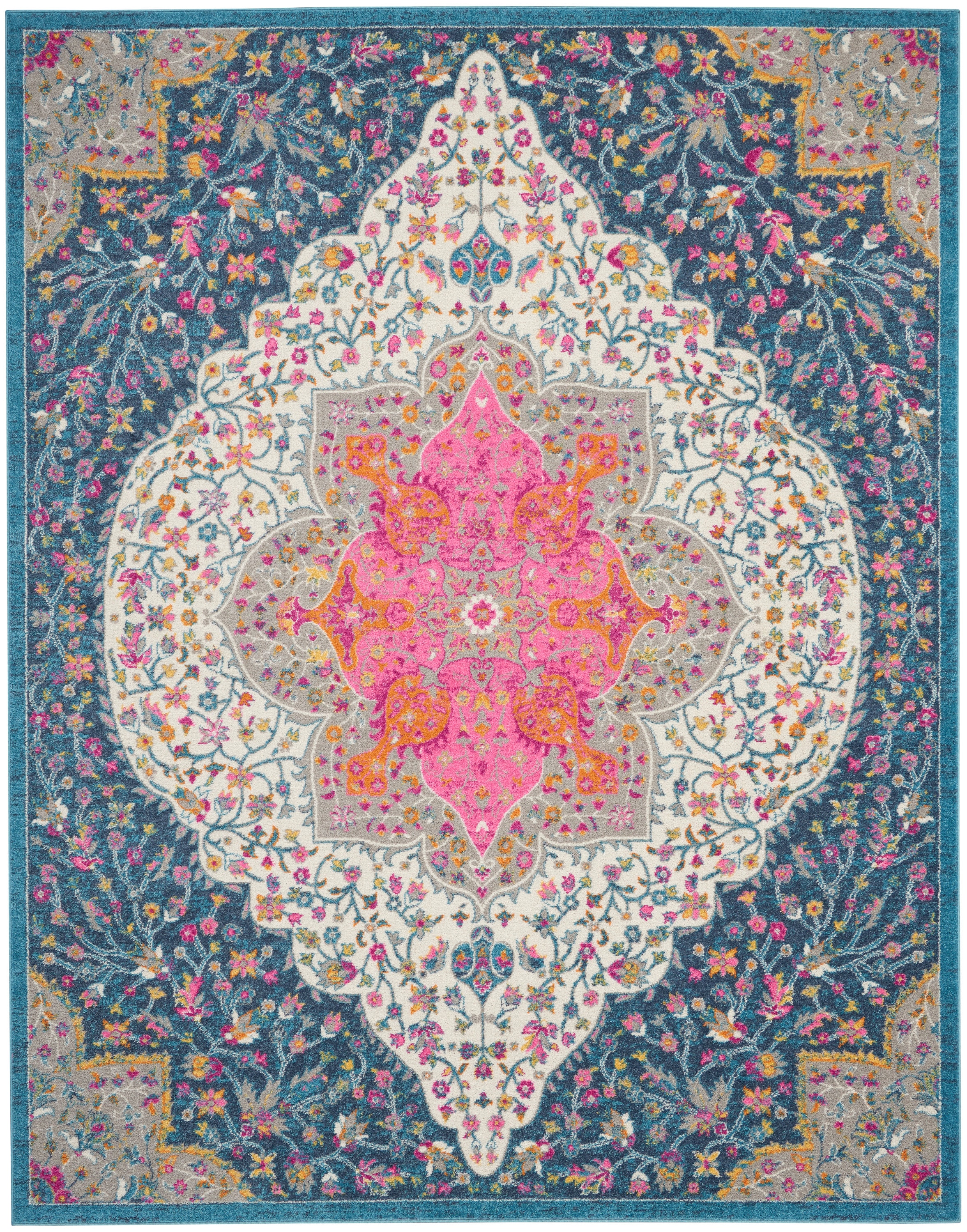 Blue and Pink Floral Synthetic 8' x 10' Reversible Rug