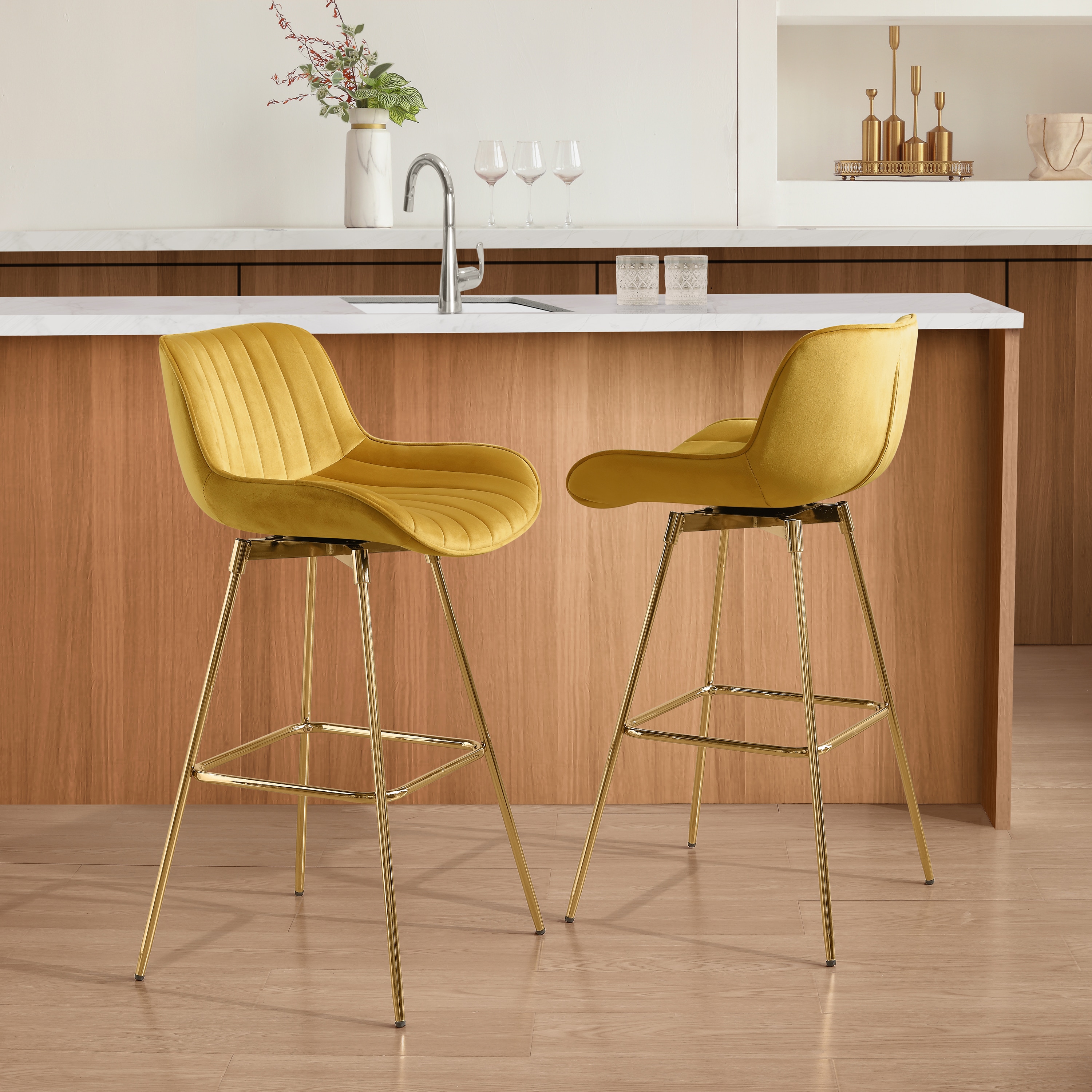 Art Leon Yellow 28.94-in H Bar height Upholstered Swivel Wood Bar Stool 2 -Pack