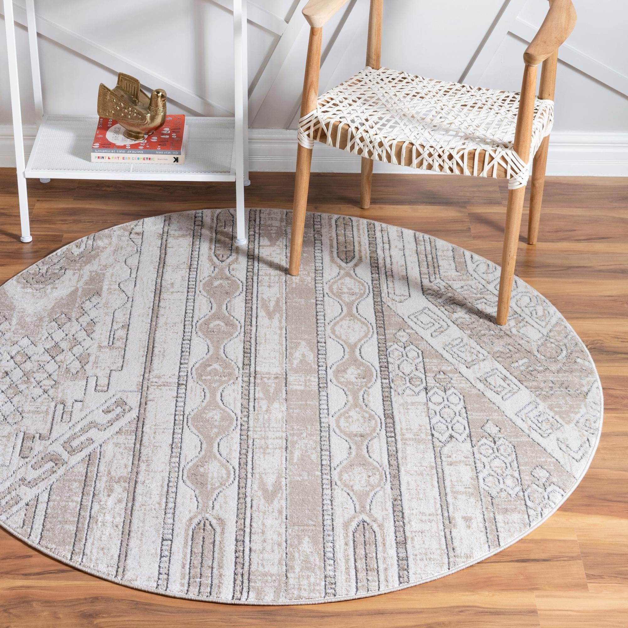 Unique Loom 3147142 Portland 3 x 3 (ft) Loomed Polypropylene Ivory Round Indoor Stripe Area rug