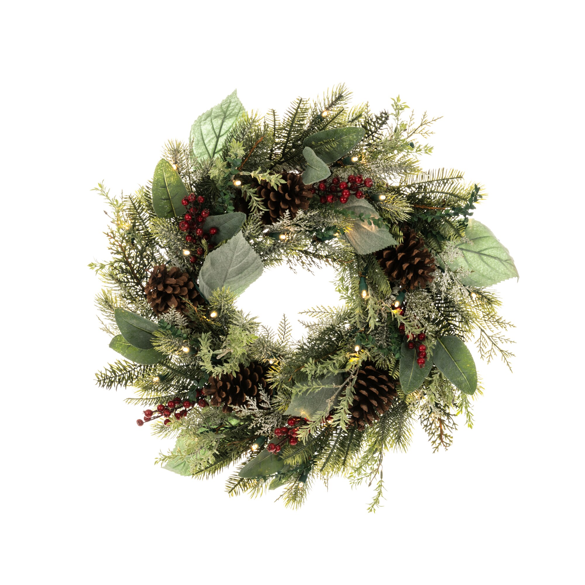 24-Inch Pre-Lit Pine Christmas Wreath with Red and Green Ornaments