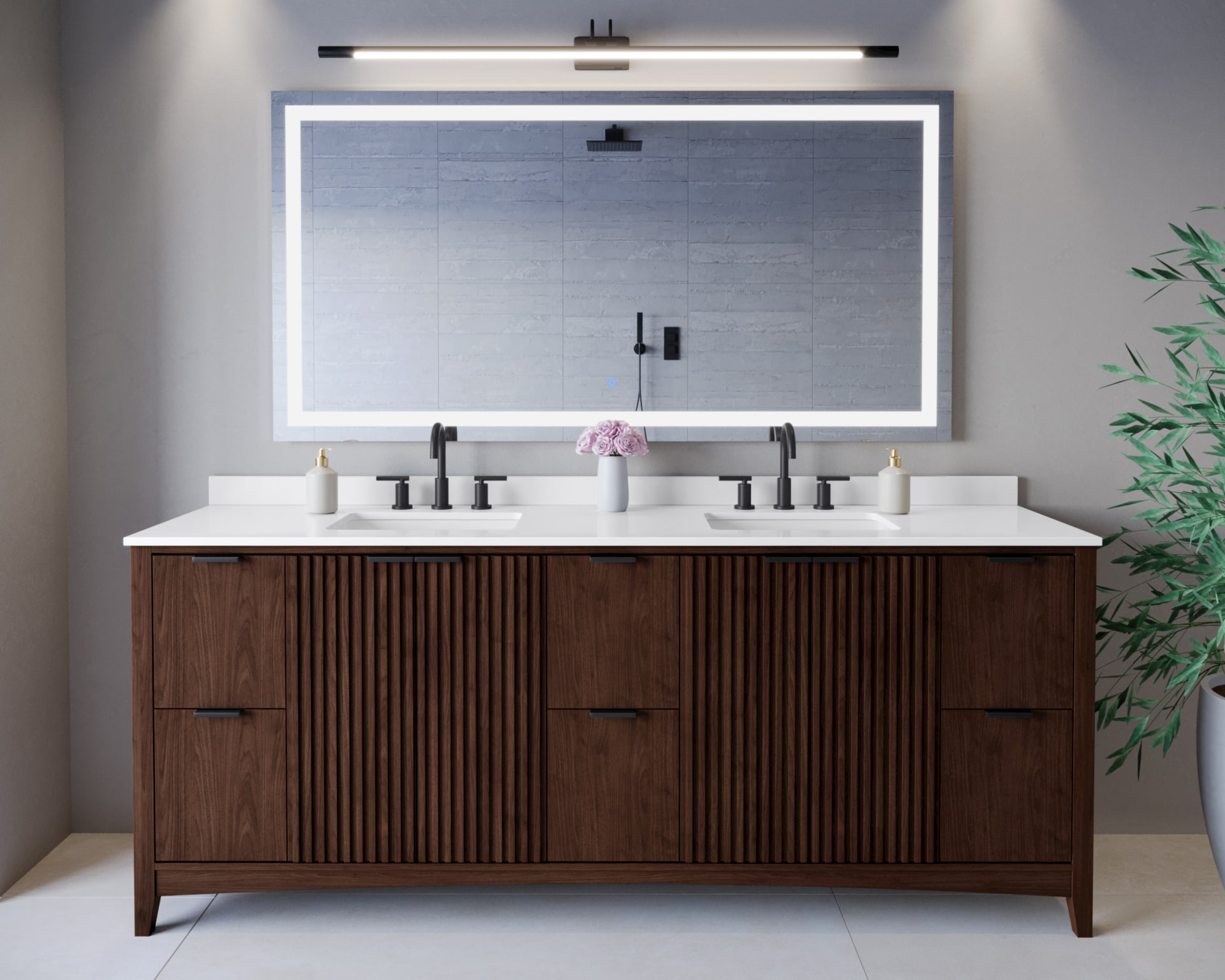Wyndham Collection Palmilla 84-in Dark Walnut with Matte Black Trim Undermount Double Sink Bathroom Vanity with White Quartz Quartz Top