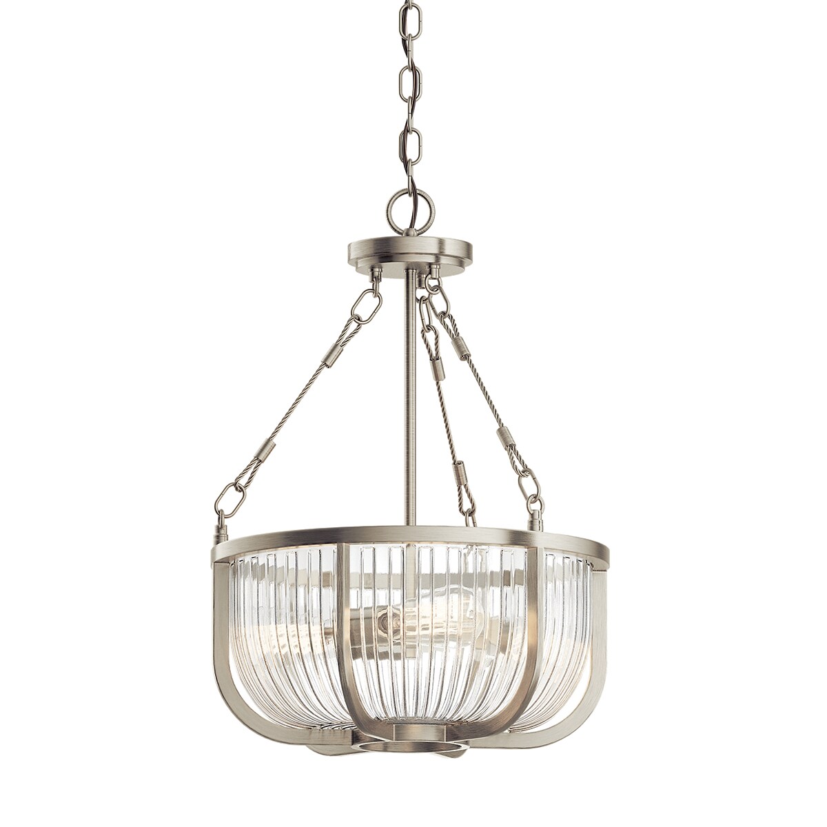 Kichler Roux 3-Light Brushed Nickel Transitional Ribbed Glass Bowl Large Hanging Pendant Light