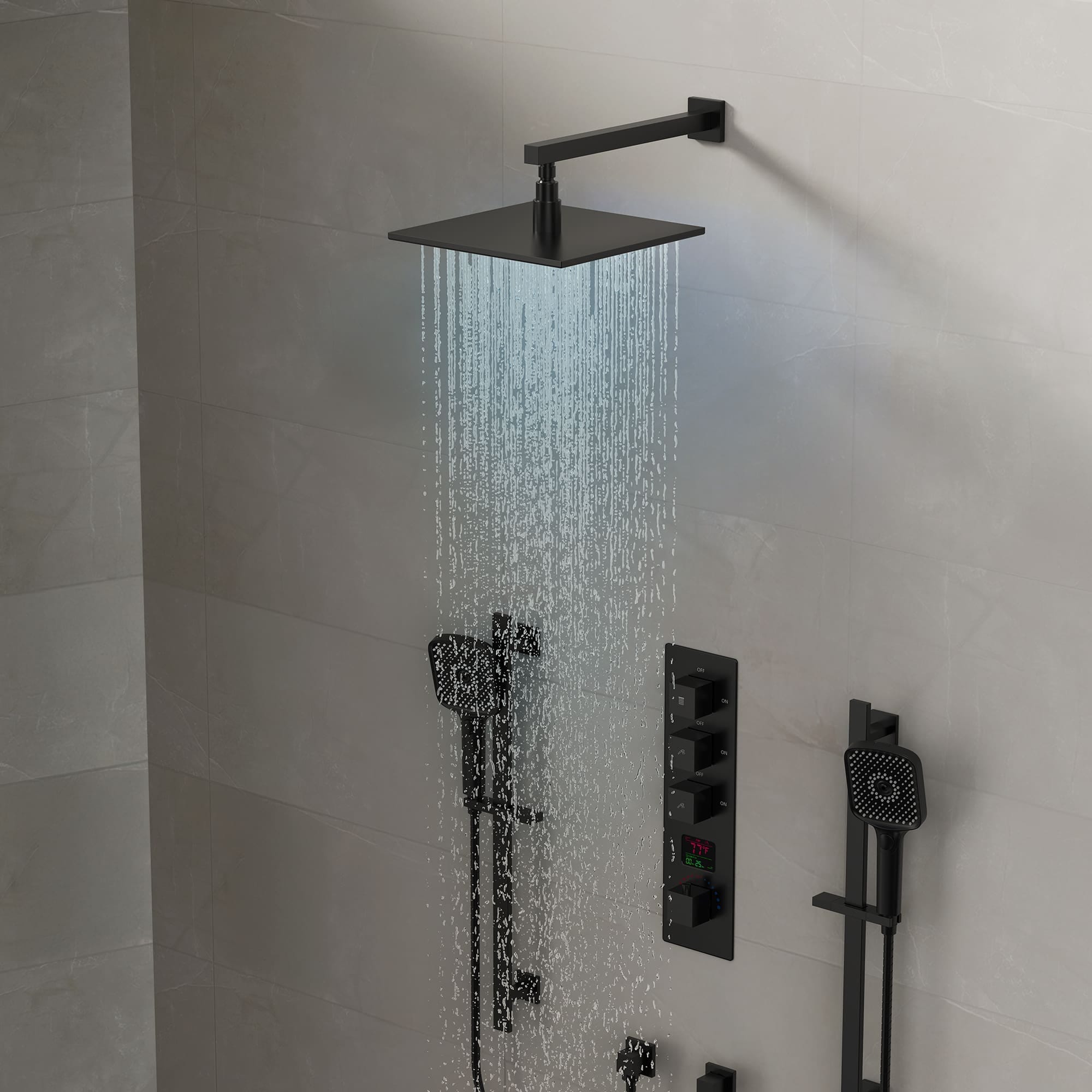 EVERSTEIN SFS-1073-BK12 Thermostatic Digital Shower System Set with 12-in LED Rainfall Shower Head and 4-Function Handheld Shower in Black