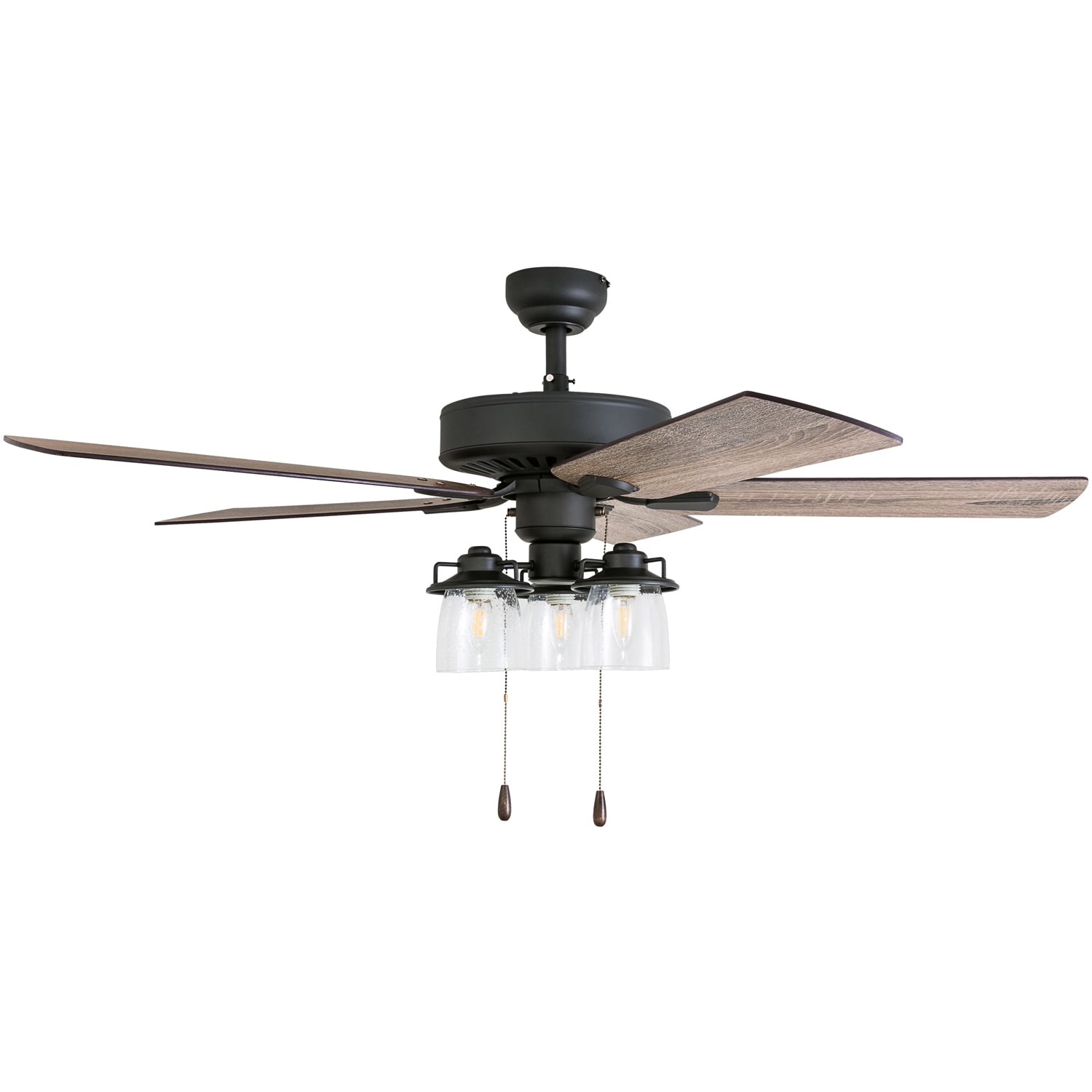 Bronze 52" Ceiling Fan with Reversible Barnwood Blades and Seeded Glass Lights