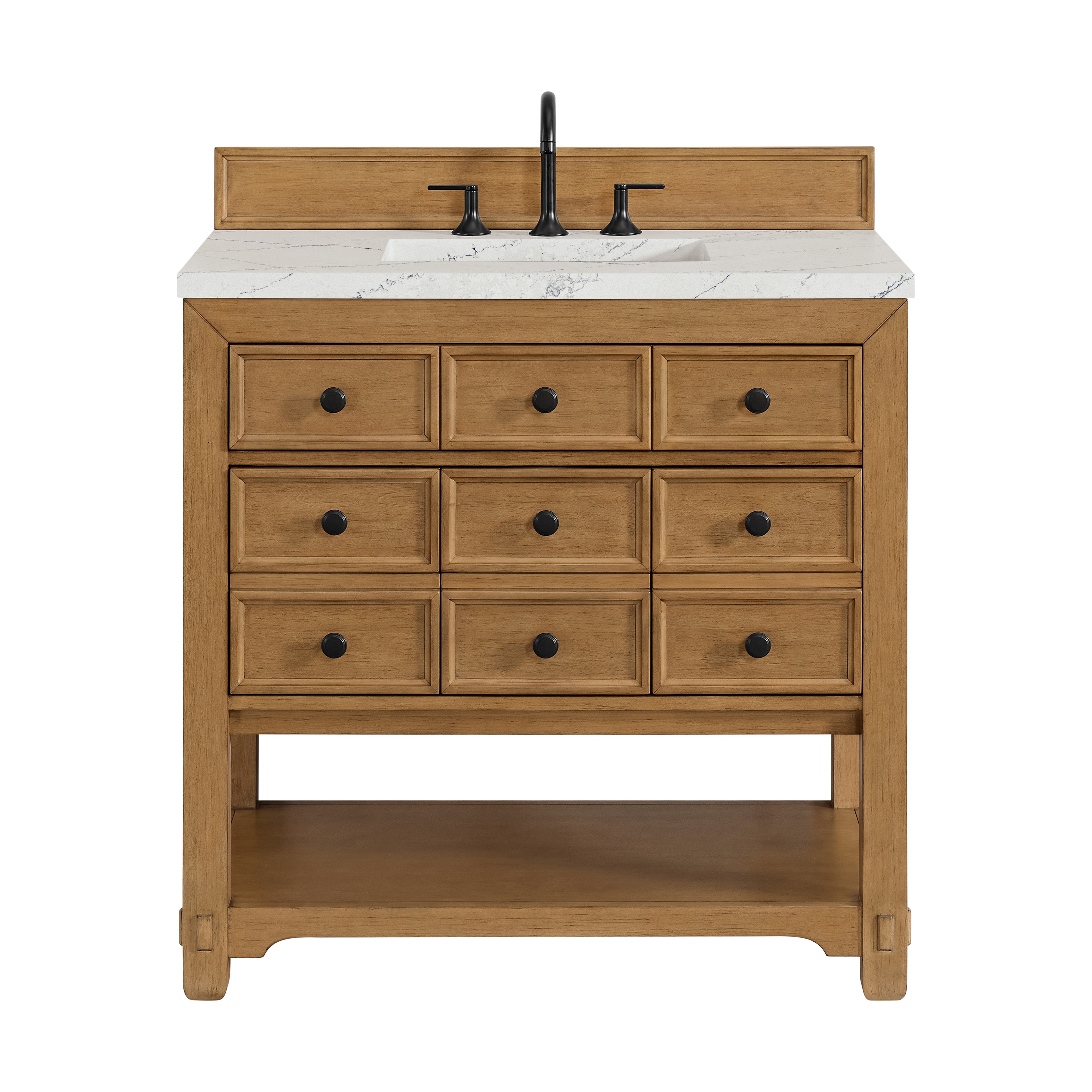 James Martin Vanities 505-V36-AMB-3ENC Malibu 36-in Amber Birch Undermount Single Sink Bathroom Vanity with Ethereal Noctis Quartz Top