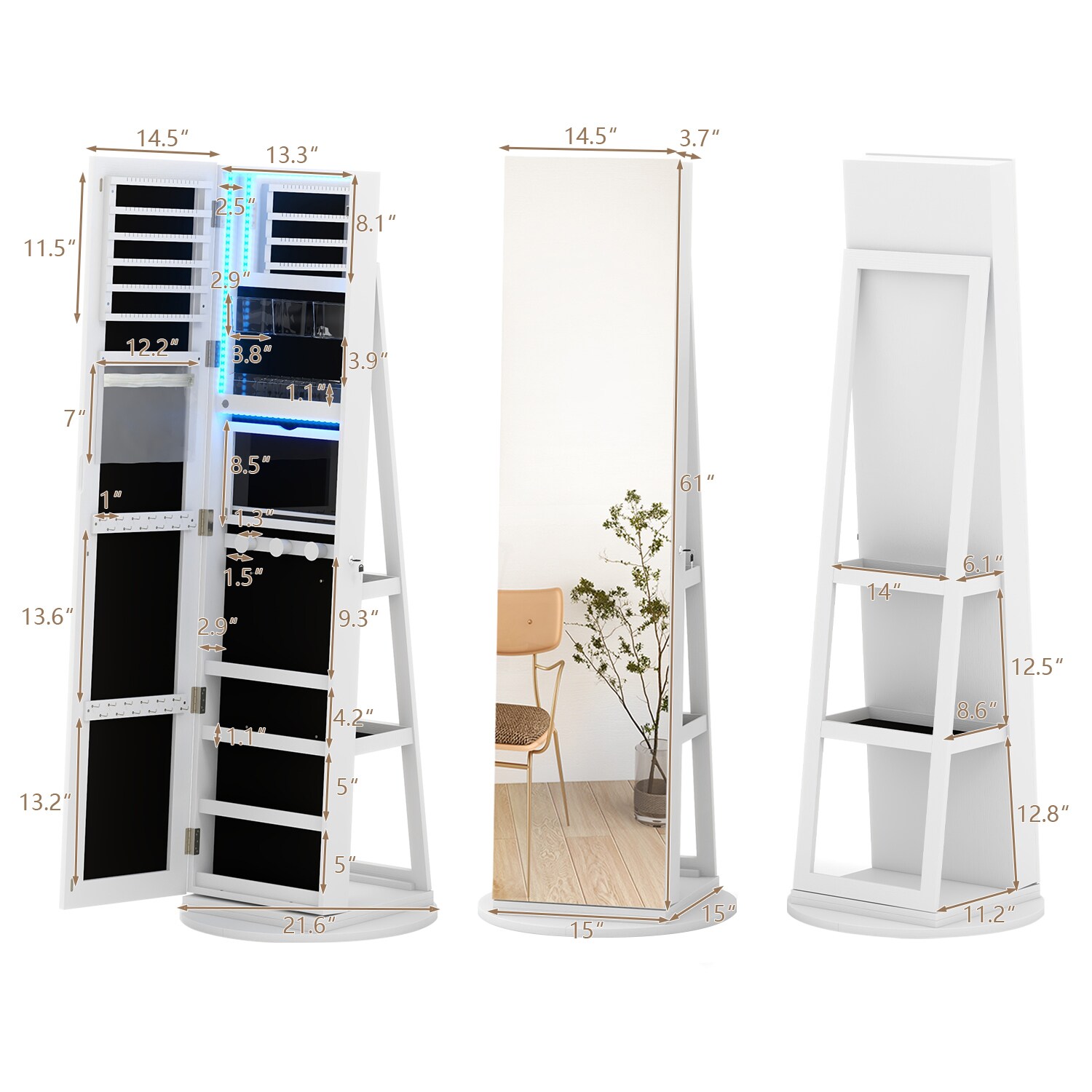 Furniwell Jewelry Storage Mirror Cabinet White Jewelry