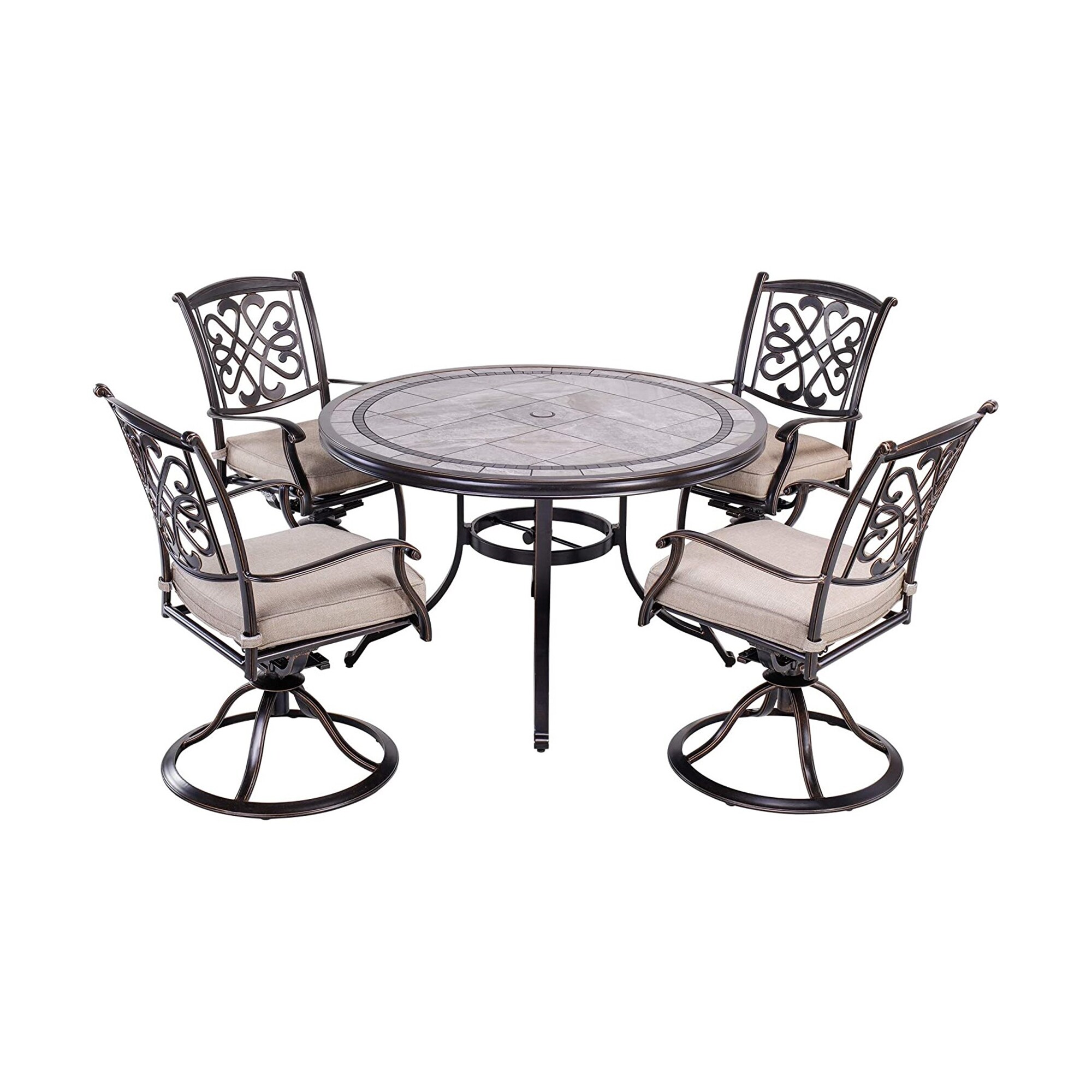 Mondawe CR-GSMU-JVAU 5 -Piece Brown Patio Dining Set Aluminum Round Table with 4 Off-white Cushions Stackable Stationary Chairs