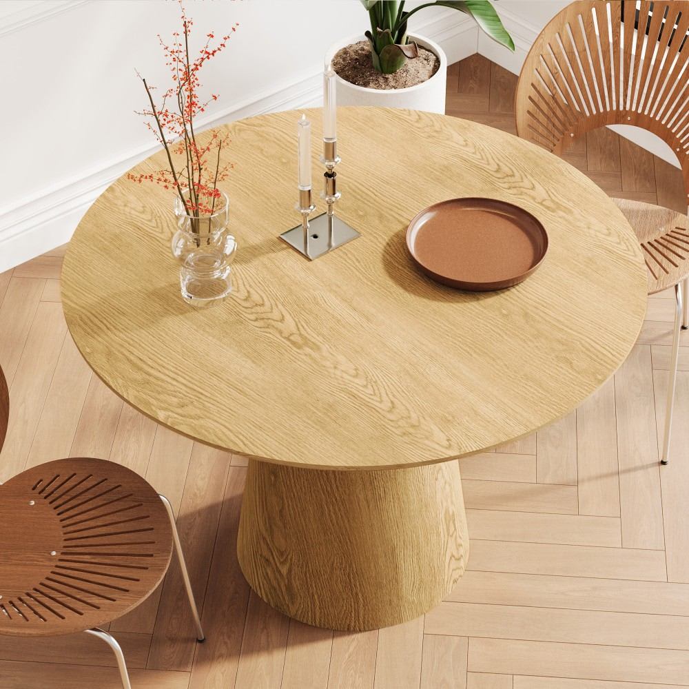 Coolbibila BODHI-TABLE-WOOD 43 Inch Round Brown MDF Wood Dining Table with Modern Minimalist Design for Kitchen or Dining Room