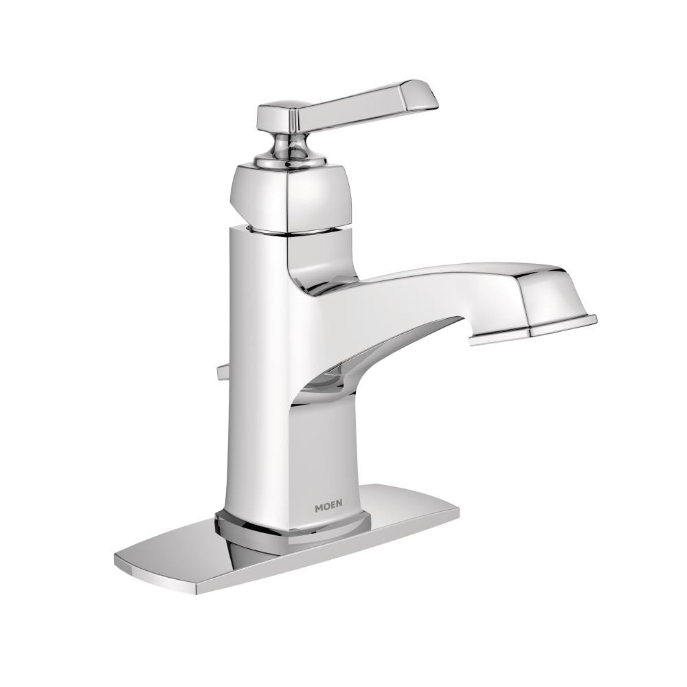 Moen 6200 Boardwalk Chrome Single hole 1-handle WaterSense Mid-arc Residential Handle Bathroom Sink Faucet with Drain with Deck Plate
