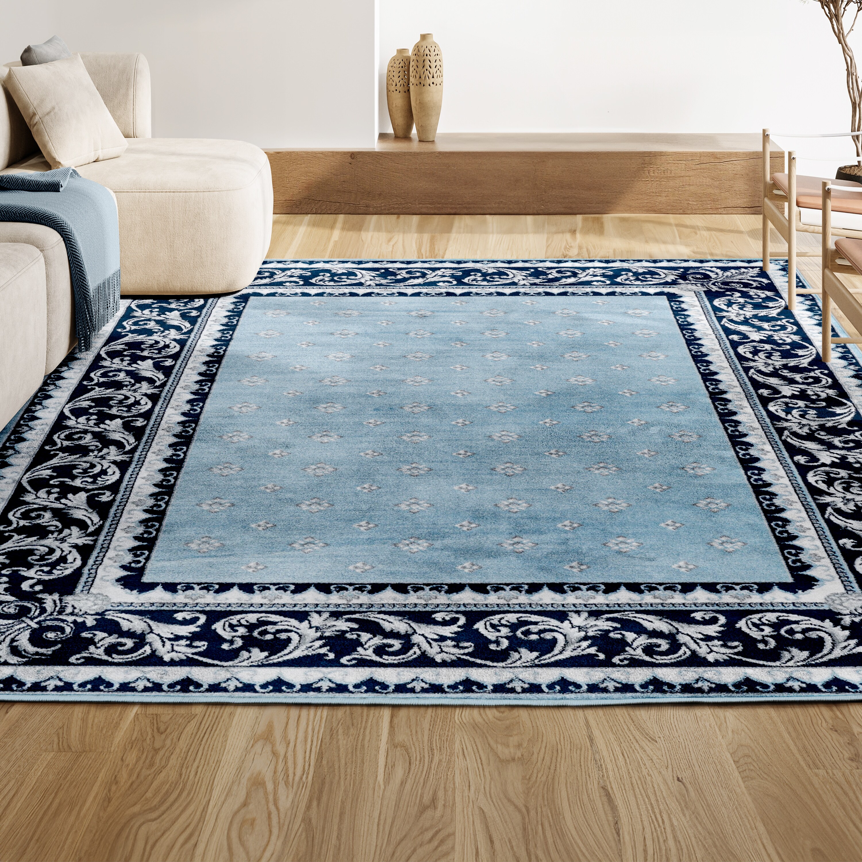 Blue and Navy Synthetic French Border 8' x 10' Area Rug