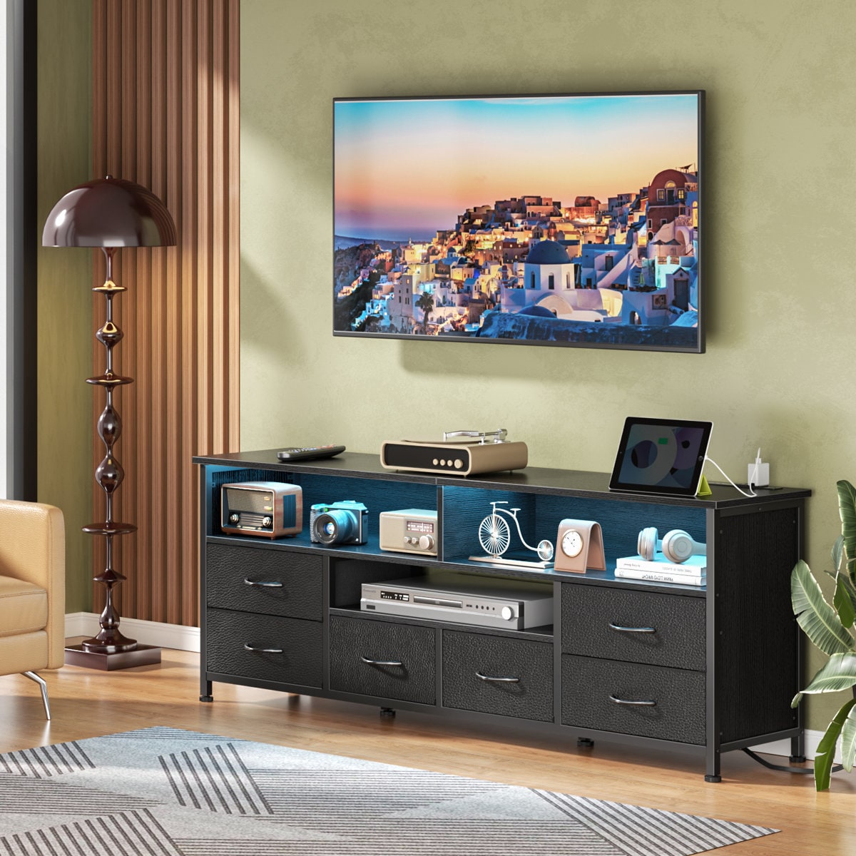 Furologee 50 Inch Tv Stand With Led Lighting Charging Station 6 drawer Storage Modern Multi-functional Media Console For Living Room Bedroom