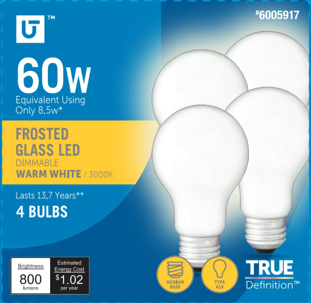 Utilitech 5A19DG8.5WOP30K4PB 60 -Watt EQ A19 Warm white E26 Dimmable LED General purpose Light Bulb 4 -Pack