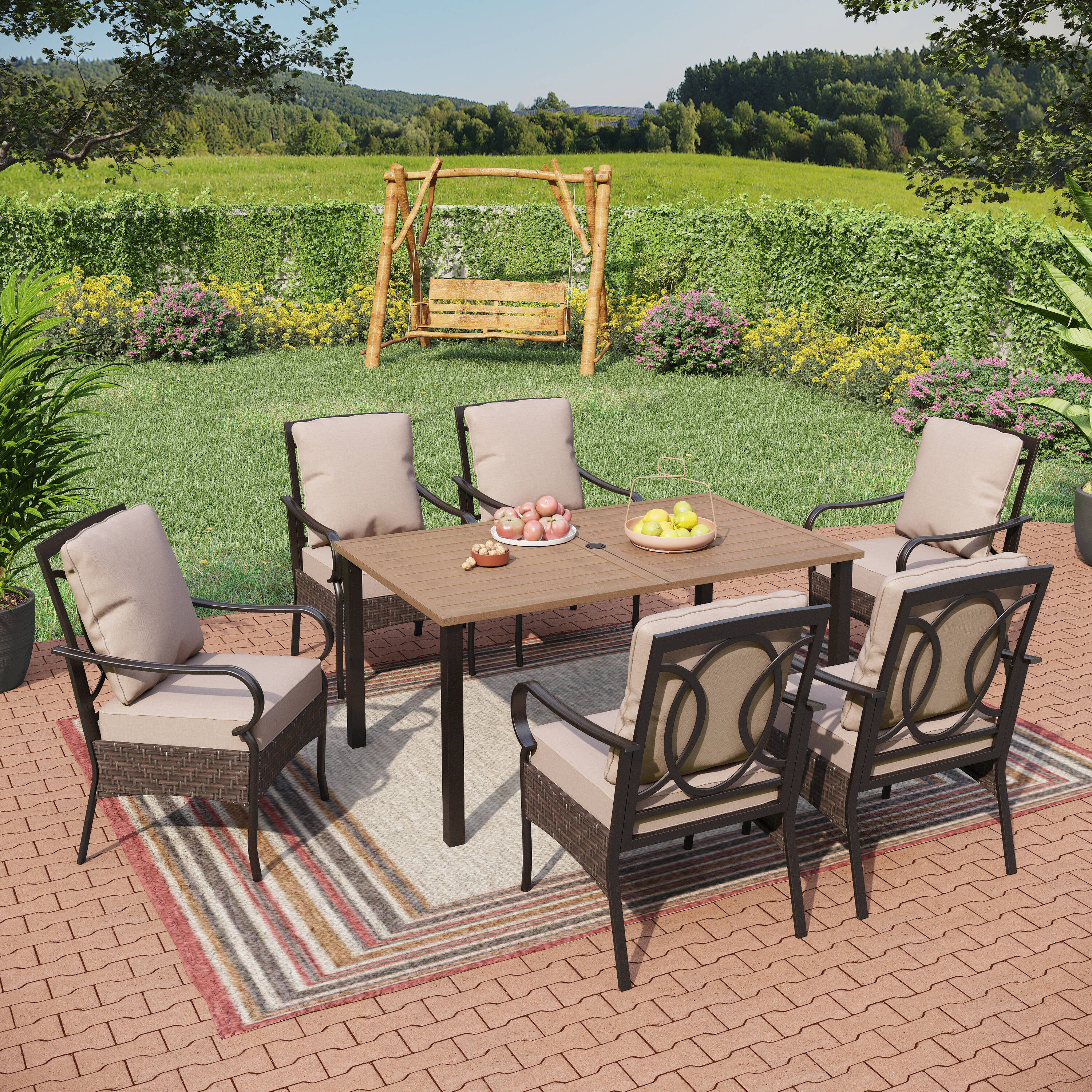 Sunshine Valley TC7-416-104 7 -Piece Black Rattan Patio Dining Set Steel Rectangle Table with 6 Tan Cushions Stationary Chairs