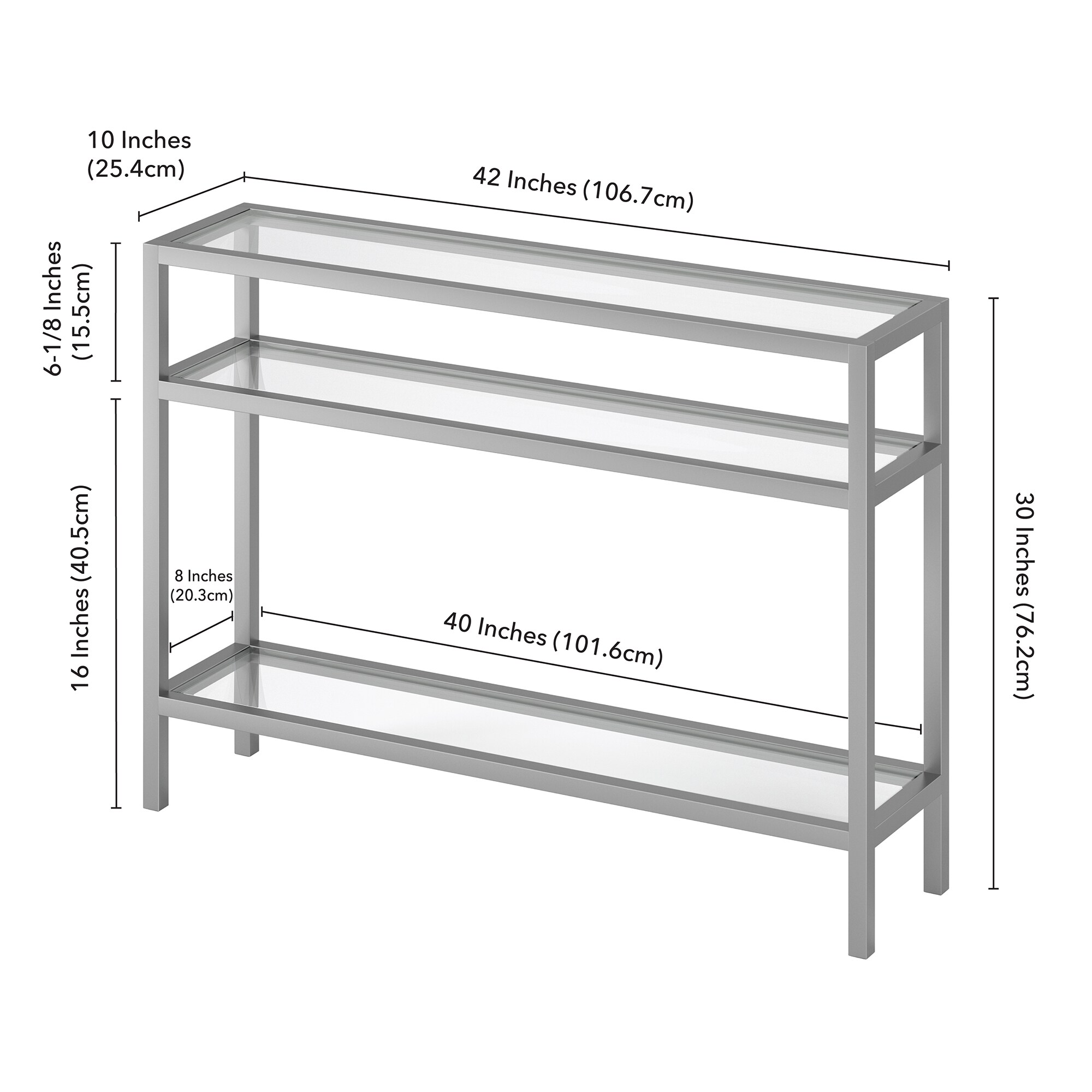 Satin Nickel Industrial Console Table with Tempered Glass Shelves
