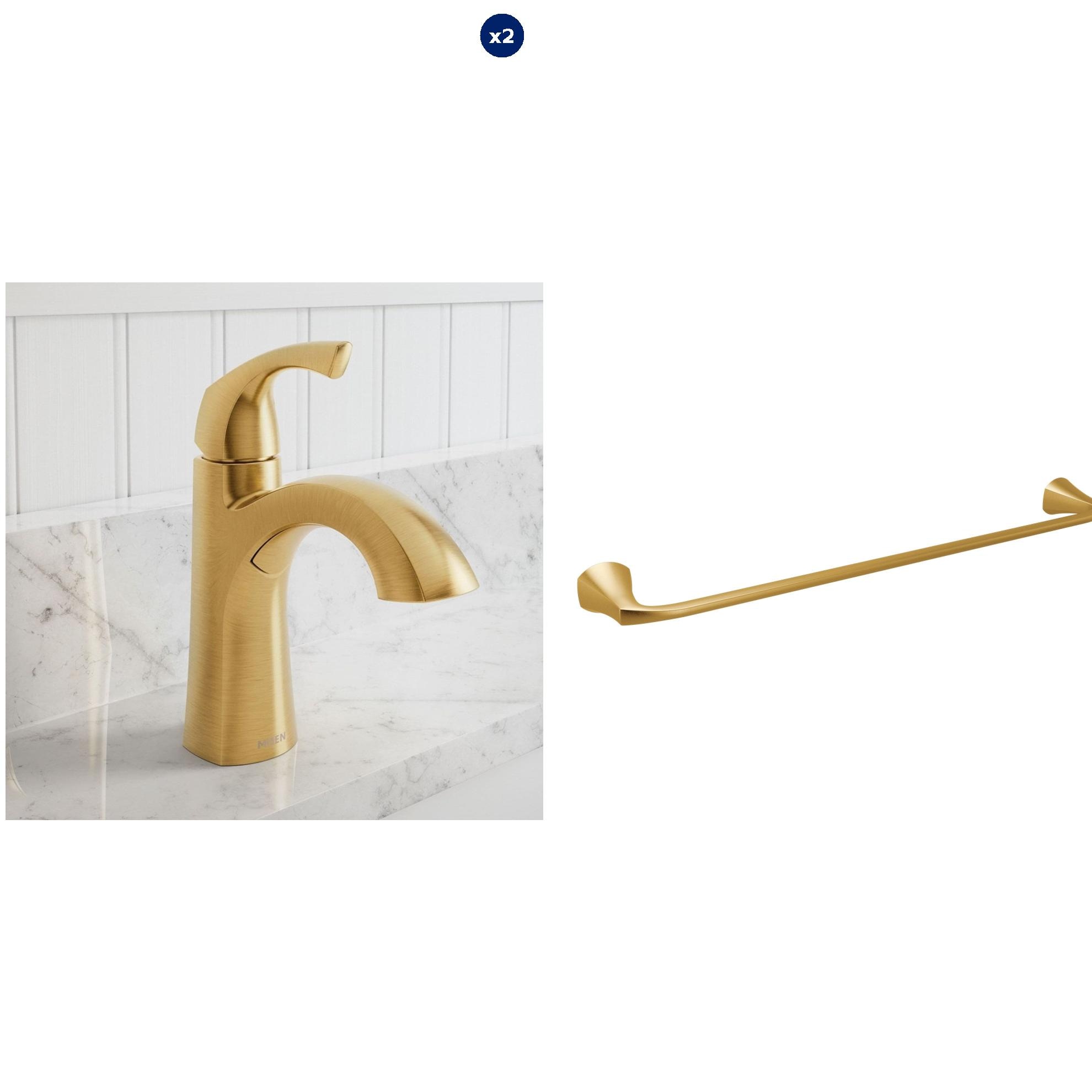 Moen Lindor Brushed Gold Single Handle Bathroom Sink Faucet 2-Pack with 24-in Towel Bar