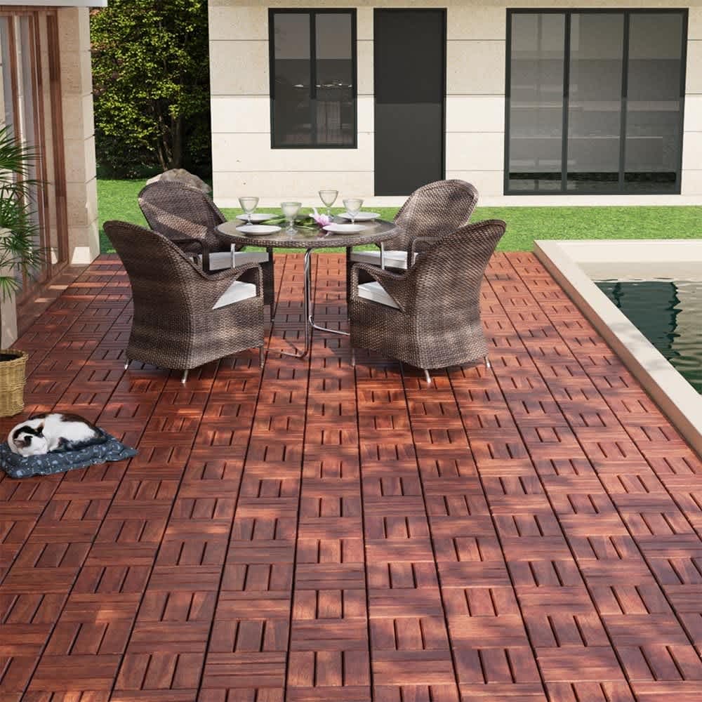 JUJABU Brown 12Inch x 12Inch 10PCS Acacia Wood Deck Tiles Checker Pattern Square Outdoor Flooring for Patio #DECKTILE-14
