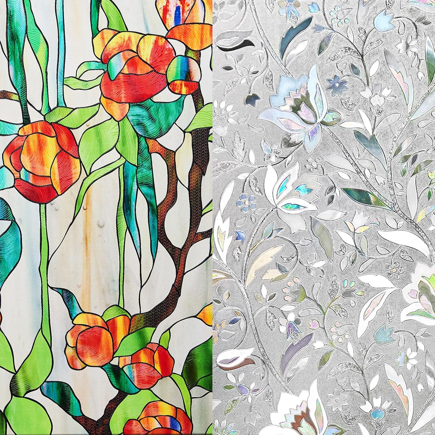 Kromapolis - 3D Floral Decorative Static Cling Window Film Bundle 17.5in x 78.7in and 16.9in x 39...