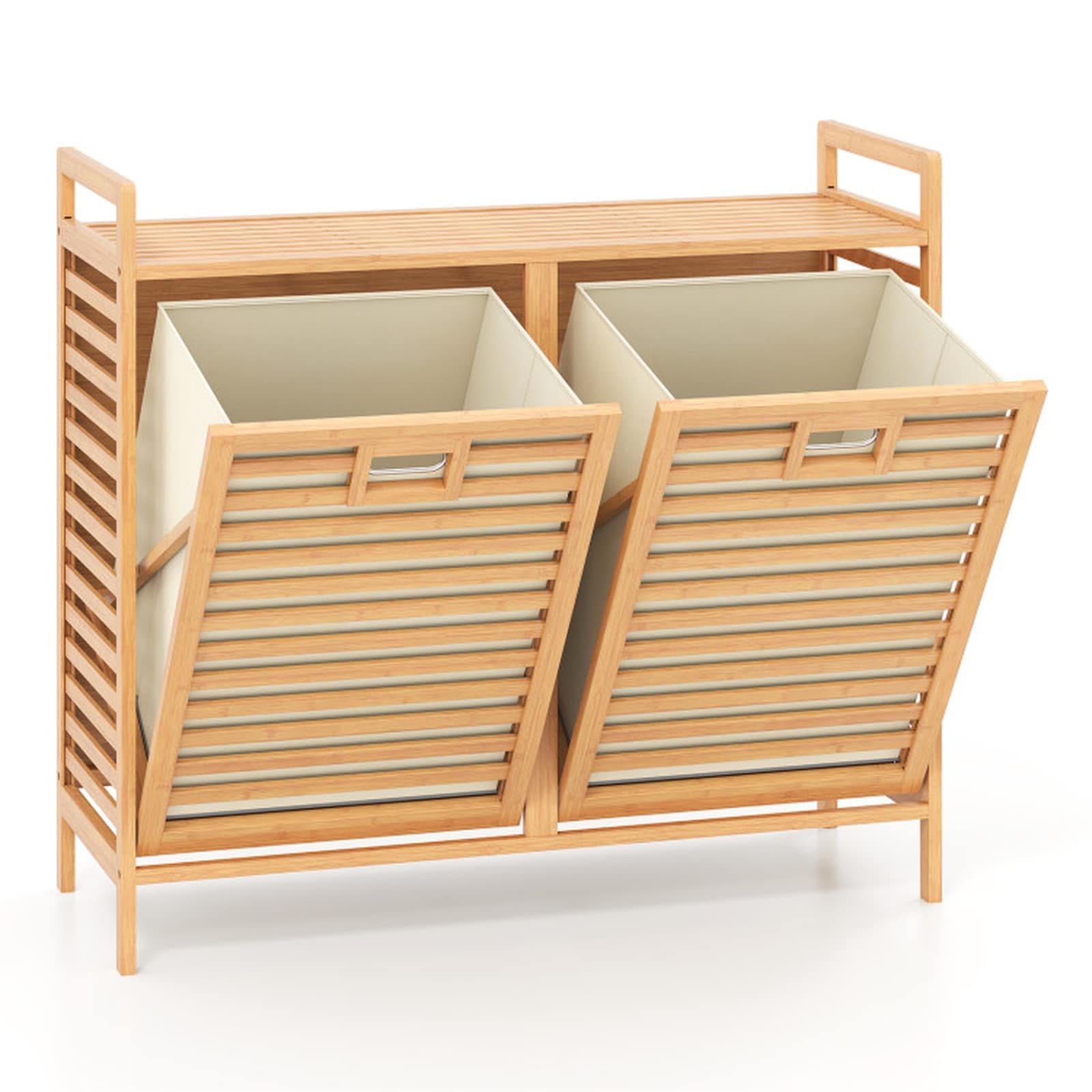 SUGIFT 31.5-in Bamboo Double Tilt-out Laundry Hamper with 2 Removable 10-gal Bins and Top Shelf