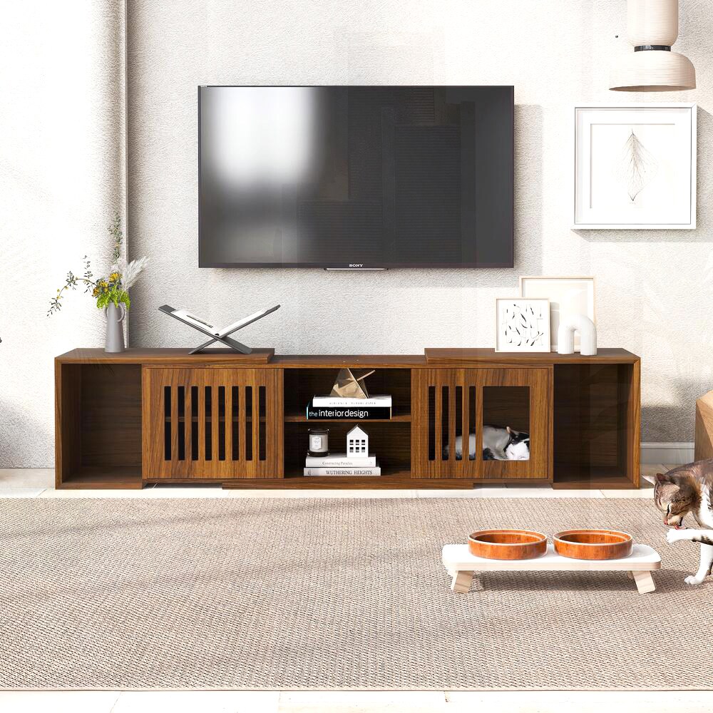SunJet GL3WJ5VMMRMWK Mid Century Modern 54.3 inch extendable TV stand for up to 100 inch TVs with hidden cat house and litter box enclosure walnut wood entertainment center with sliding doors and integrated pet furniture