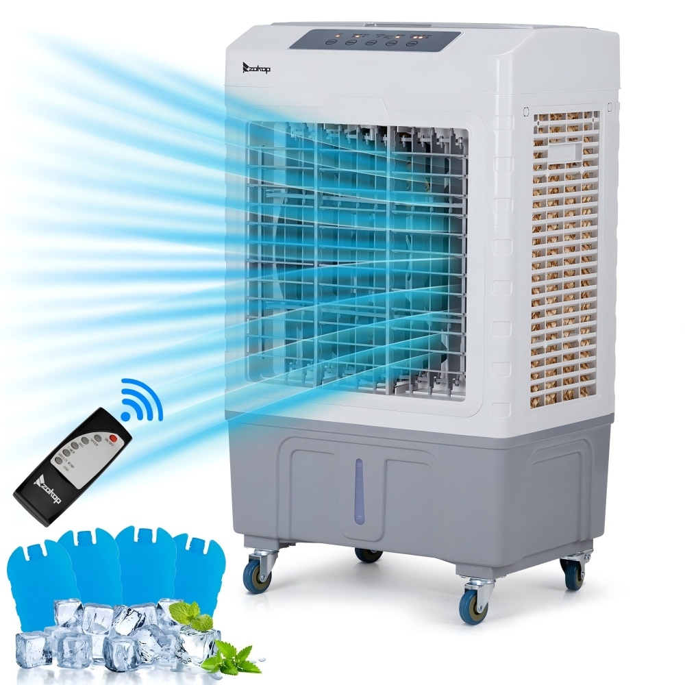 YOSIMFUR 3-in-1 Portable Evaporative Personal Air Cooler 2647 CFM with Remote Control 10.57 Gal Large Water Tank Scroll Casters 4 Ice Packs White and Gray for Indoor and Outdoor Use
