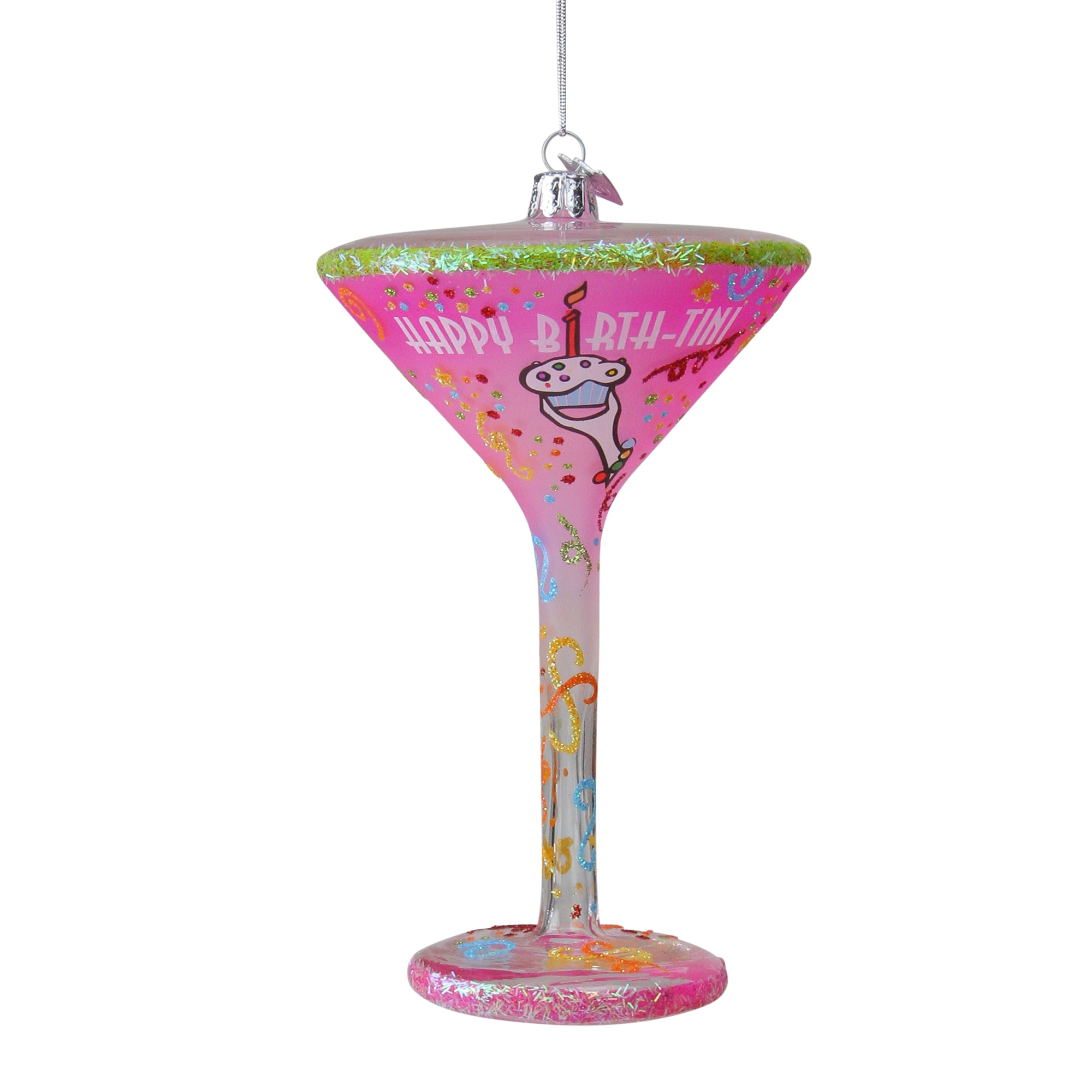 5.5-in Pink Happy Hour Blown Glass Happy Birth Cocktail Christmas Ornament - Confetti Accents - Great Birthday Present | - Northlight 11145816
