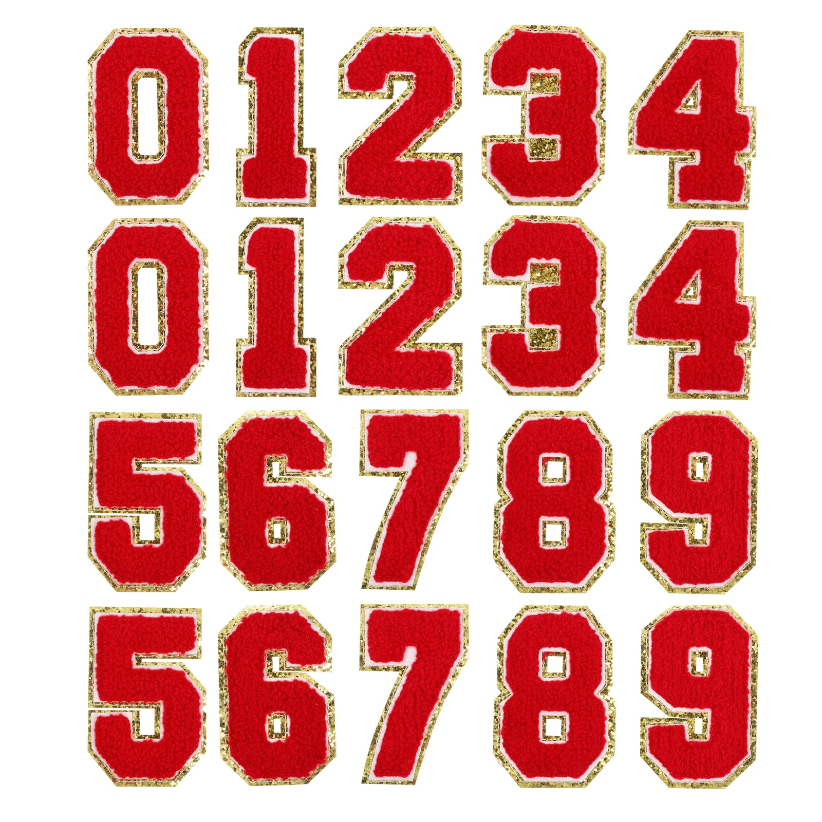 Unique Bargains 20pcs Glitters Chenille Number Patches 8.4cm / 3.3in Iron-On Embroidery Numbers for Team Uniforms Sports T-Shirts Hats Bags Red Number 0-9