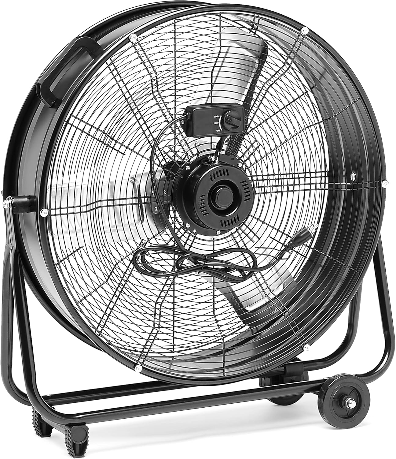 BEARSOLIM 24 in.Heavy Duty Metal Industrial Drum Fan 24 inch High Velocity Shop Fan Pure Copper Wiring Motor Aluminum Blade 2 Speed Large Floor Fan for Warehouse Workshop Factory Garage All Metal Black