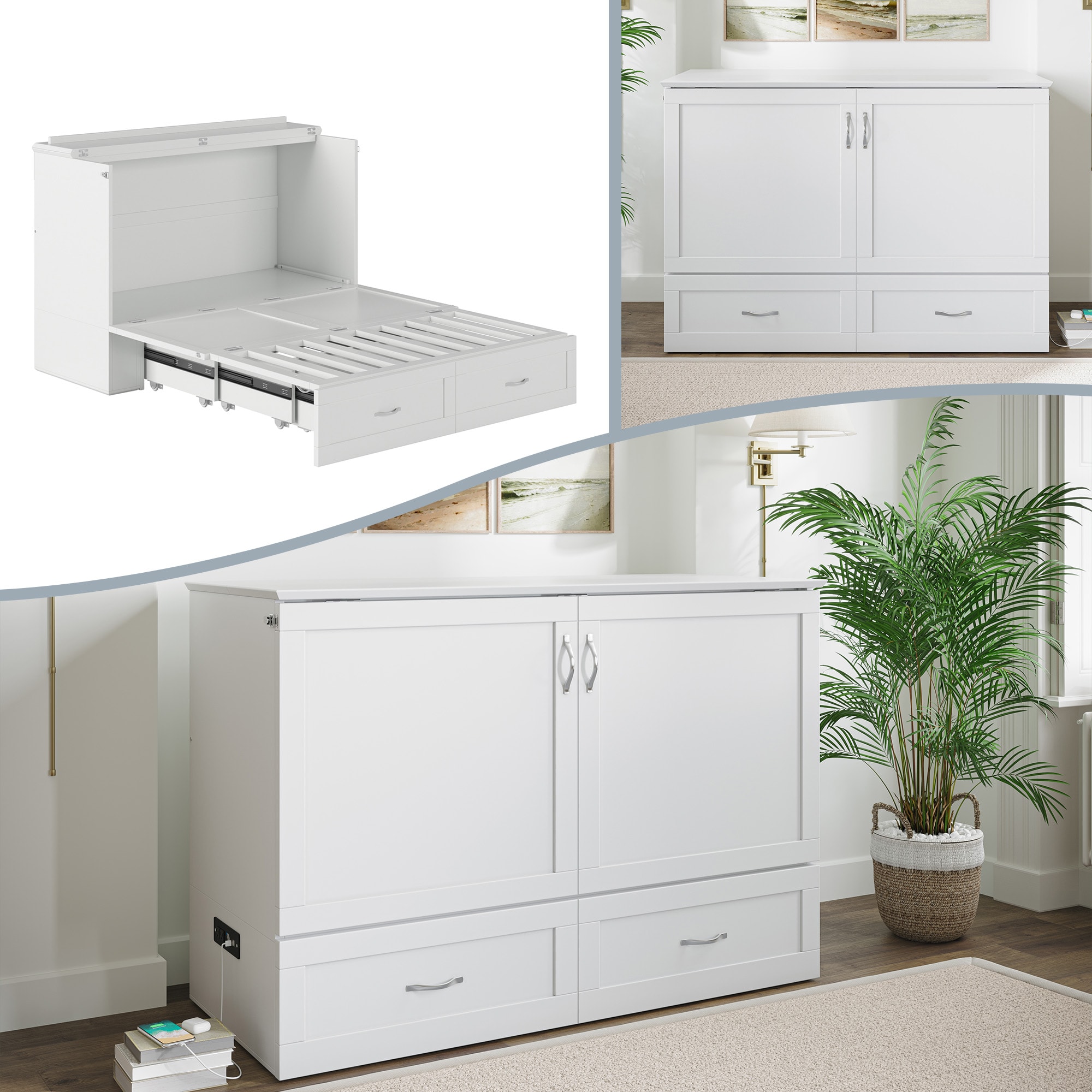 AFI AC623102 Alara No Mattress White Full Wood Murphy Bed with Storage