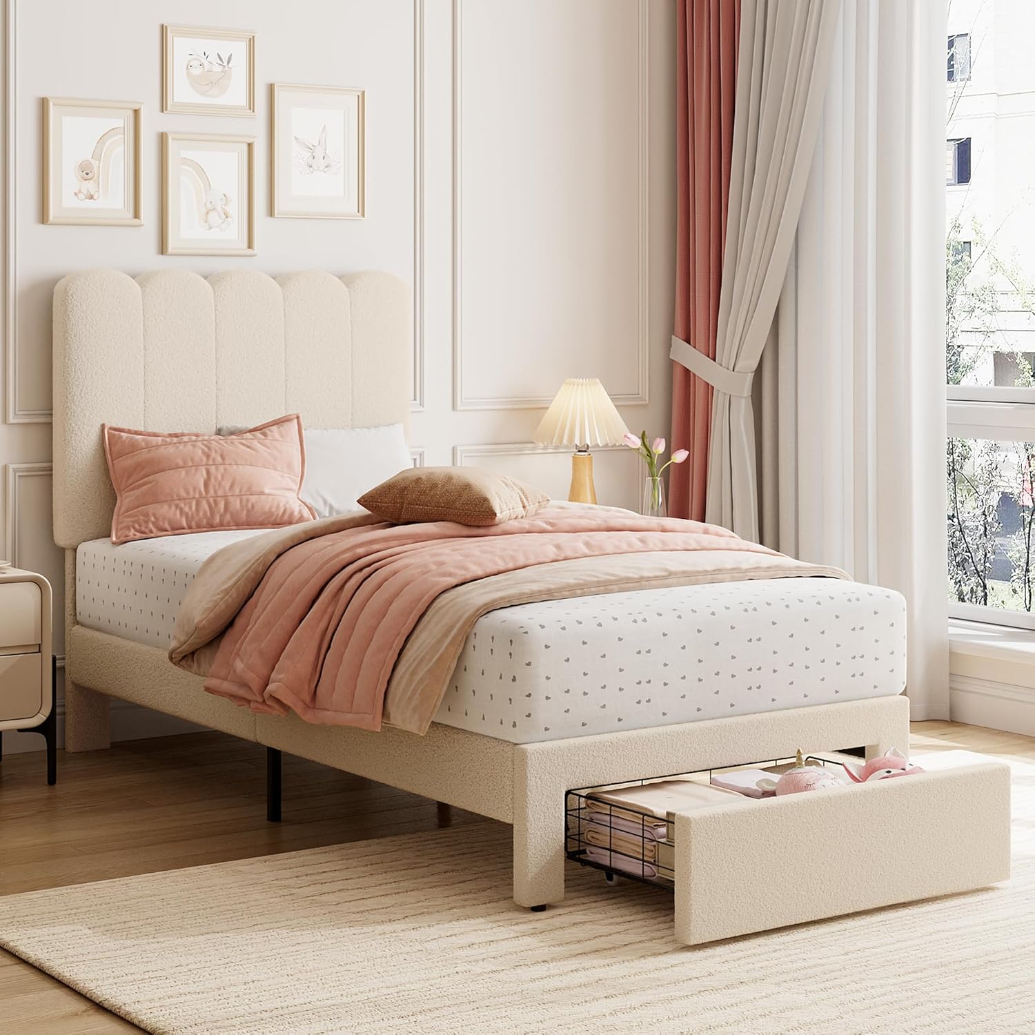Qeetex LHF-BED-PHO-33LXPH7L Twin Bed Frame with Storage Drawer and Headboard Boucle Upholstered Twin Platform Bed Frame for Girls Strong Wooden Slats Support Noise-Free Easy Assembly White