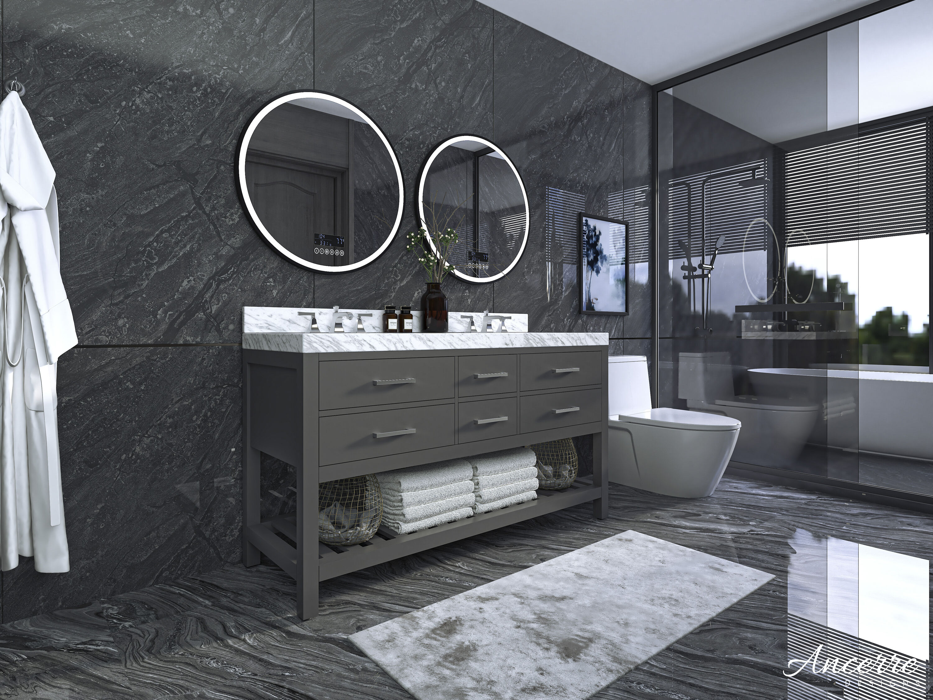 Elizabeth 60'' Sapphire Gray Double Vanity with Carrara Marble Top