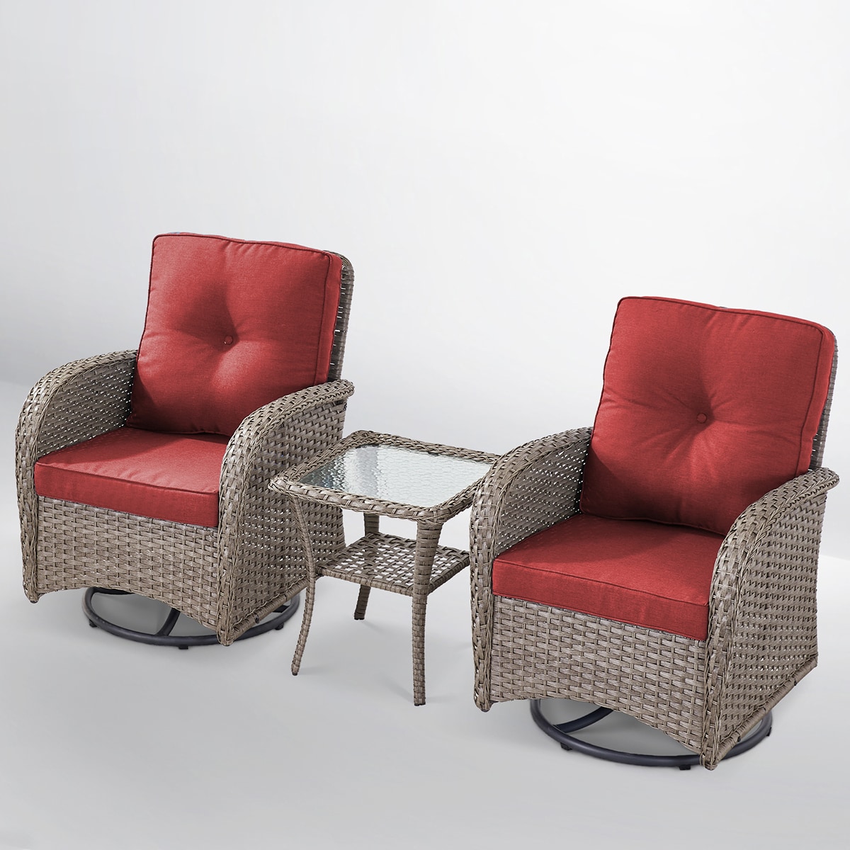 Rilyson FSKWGY2060-5 New Juno Set of 2 Wicker Gray Wicker Frame Swivel glider Conversation Chair with Red Red Cushioned Seat
