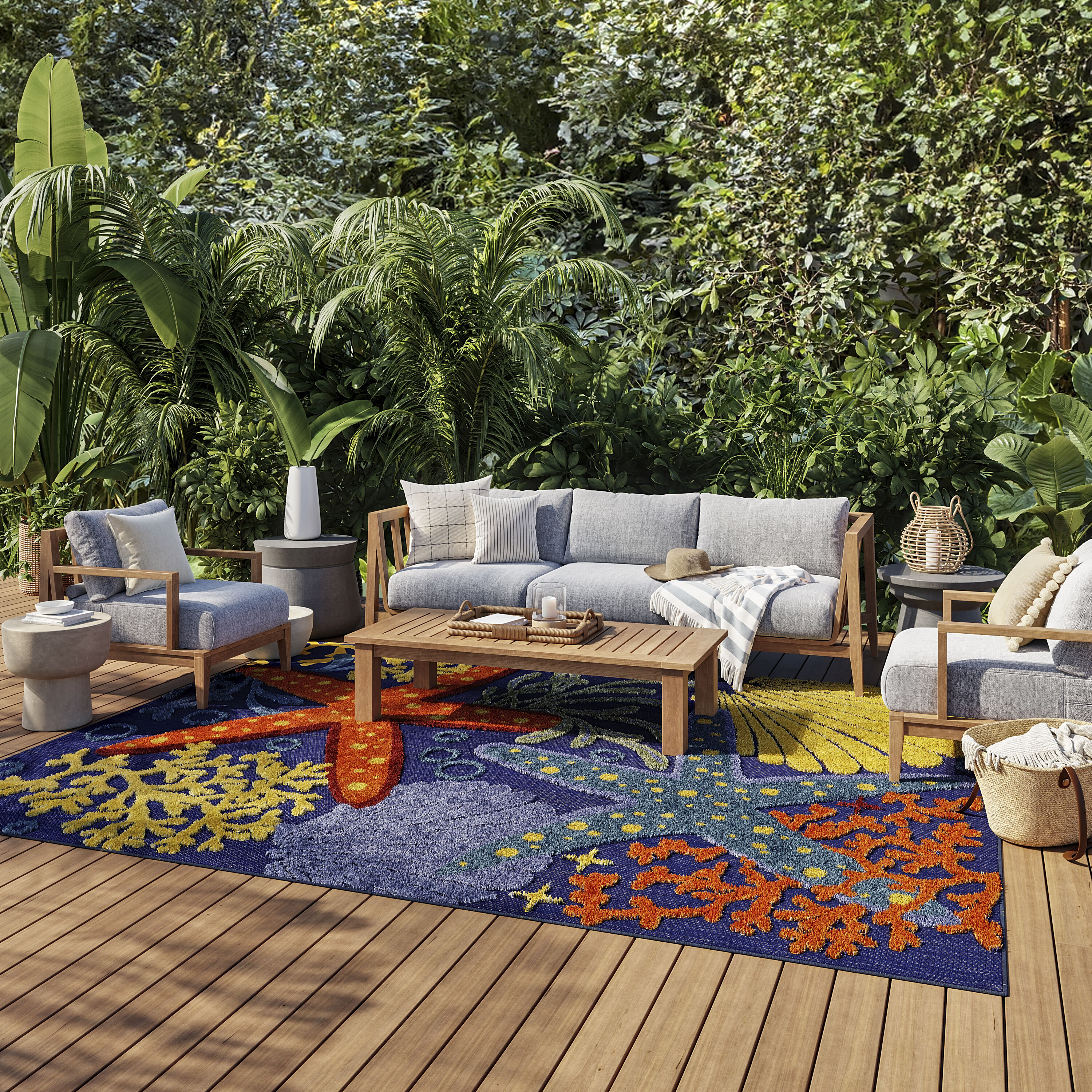 Nourison Home 099446921680 9 x 12 (ft) Loomed Polypropylene Navy Multicolor Rectangular Indoor/Outdoor Floral/Botanical Tropical Area rug
