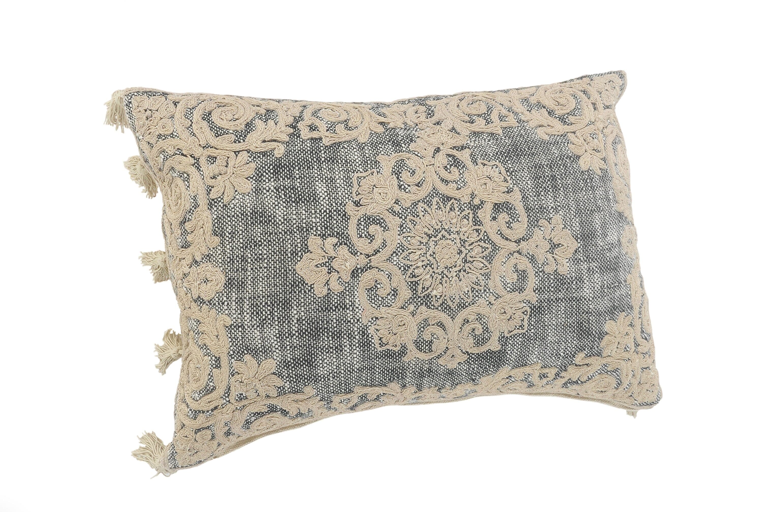 Gray and Beige Embroidered Rectangular Lumbar Pillow