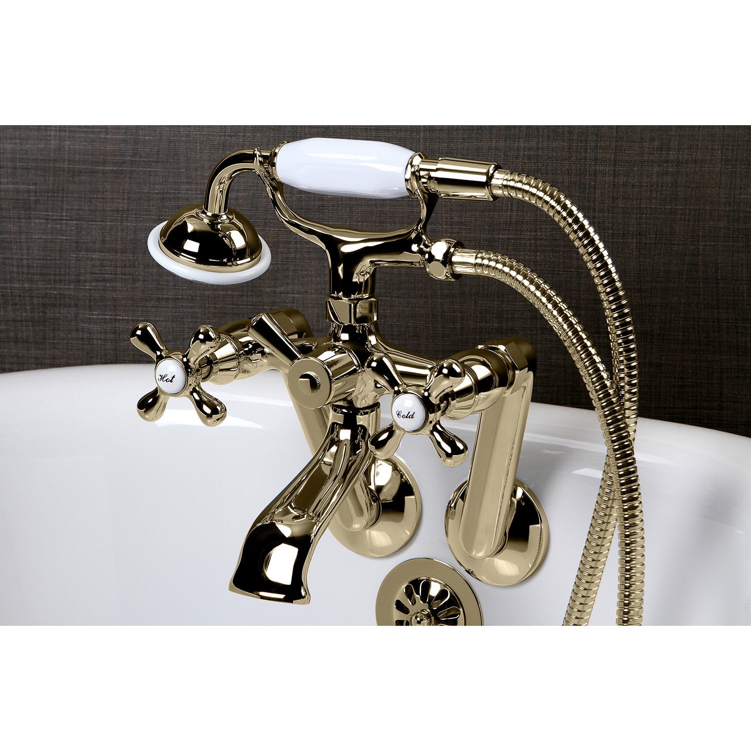 Kingston Brass Vintage Polished Brass 3 Handle Wall Mount Low Arc Bathtub Faucet With Hand 5032