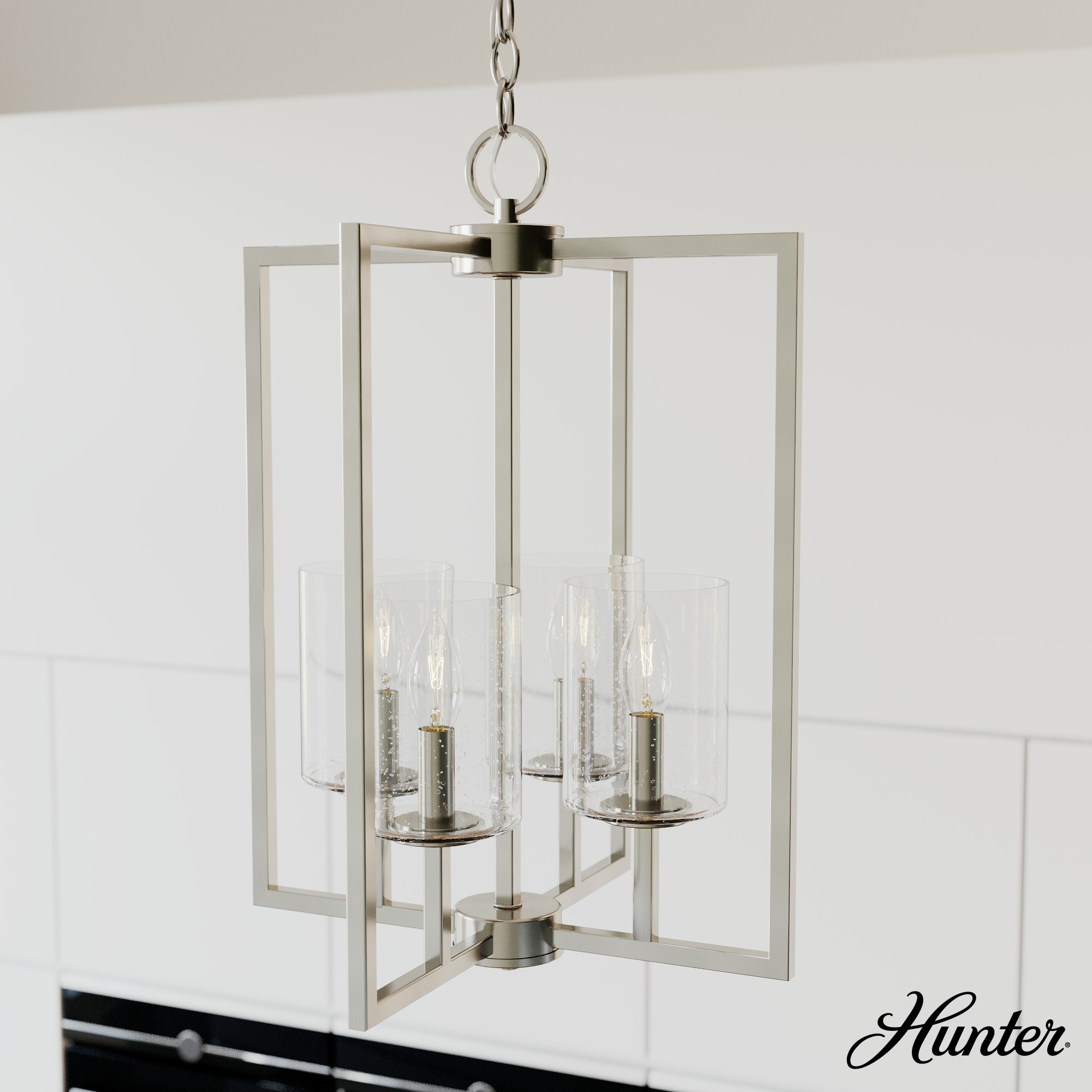 Hunter 19539 Kerrison 4 -Light Brushed Nickel Modern/contemporary Seeded glass Square Medium Hanging Kitchen island light