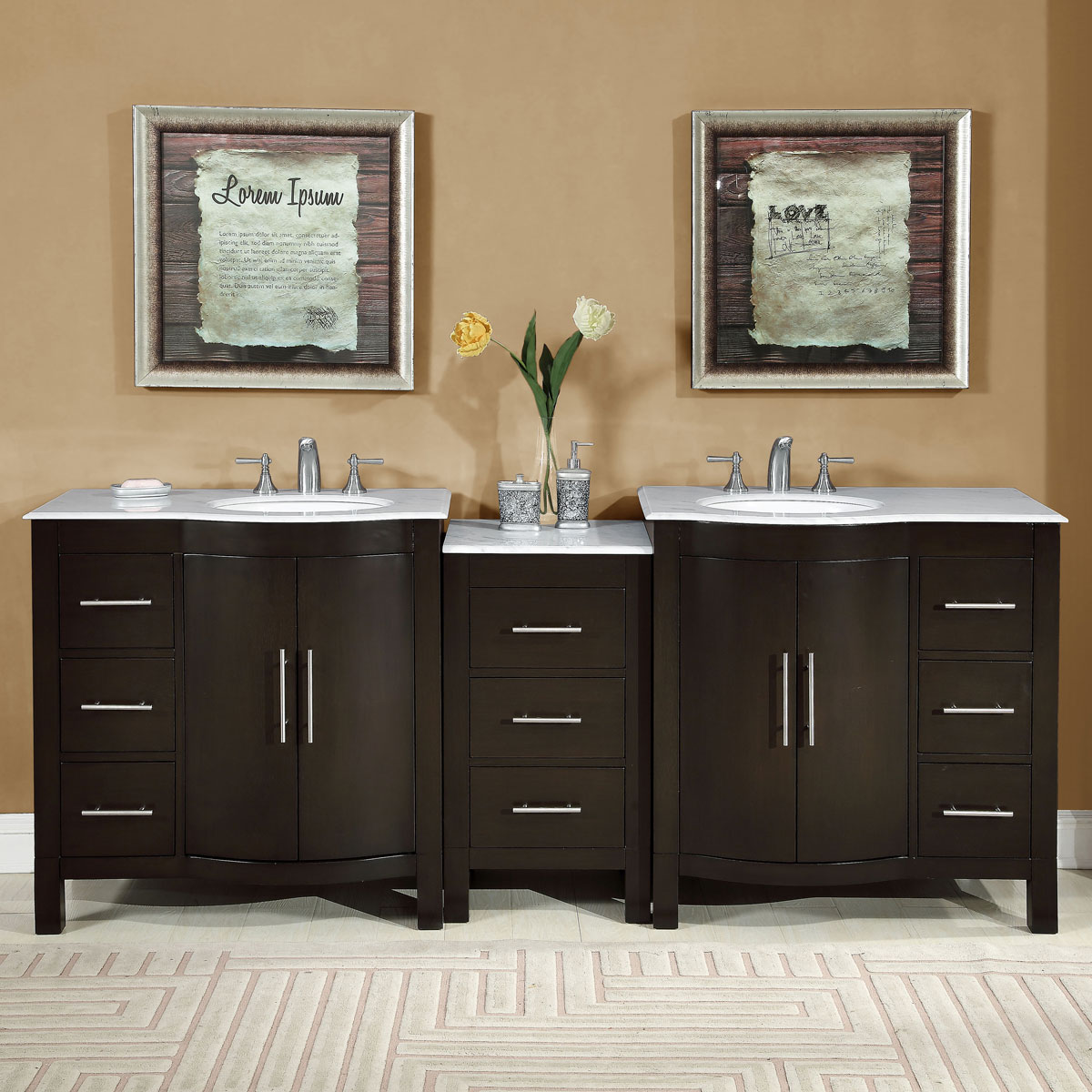 Silkroad Exclusive 89-in White Double Sink Bathroom Vanity with Carrara White Natural Marble Top