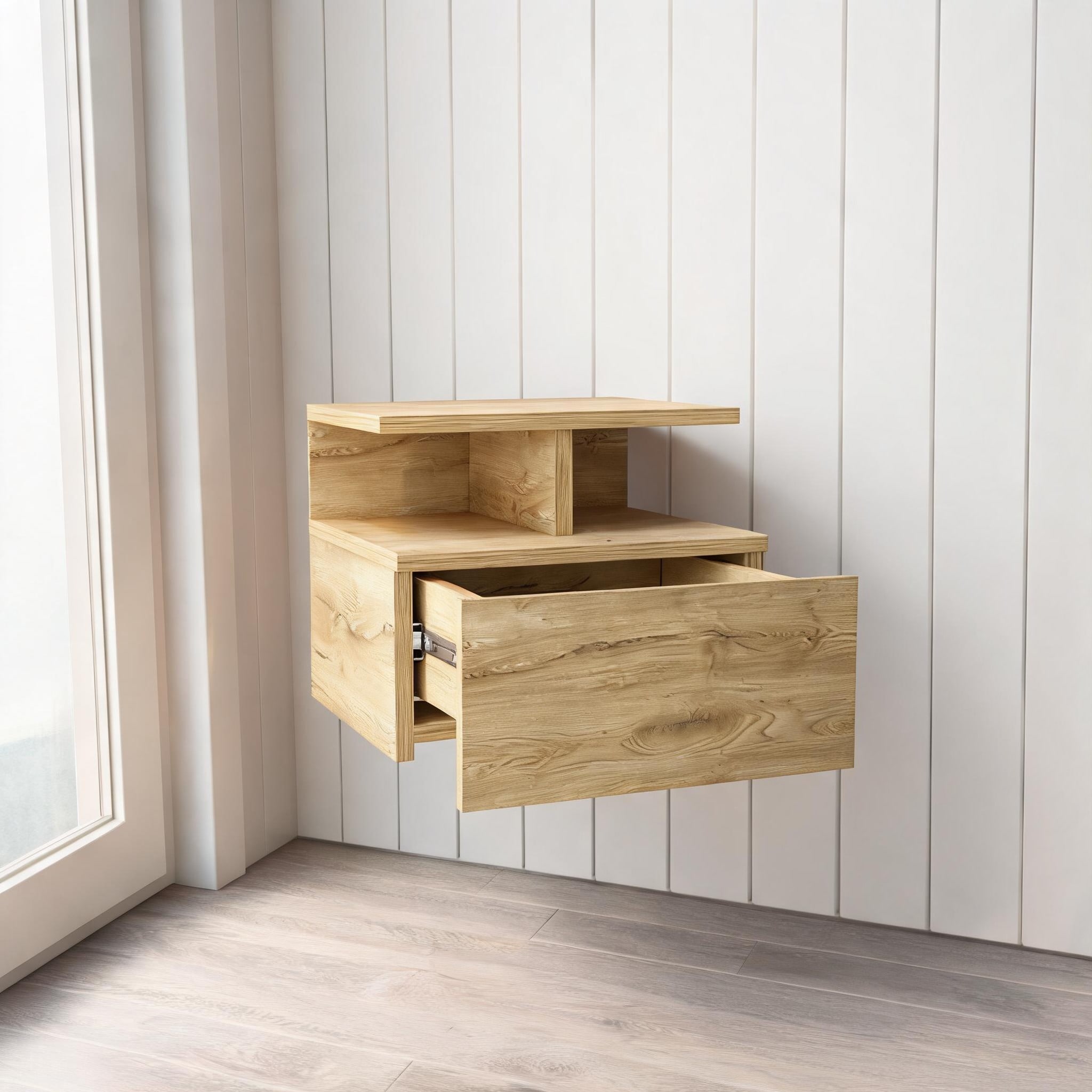 Wall-Mounted Floating Nightstand with Single Drawer Beige Finish Compact Space-Saving Design