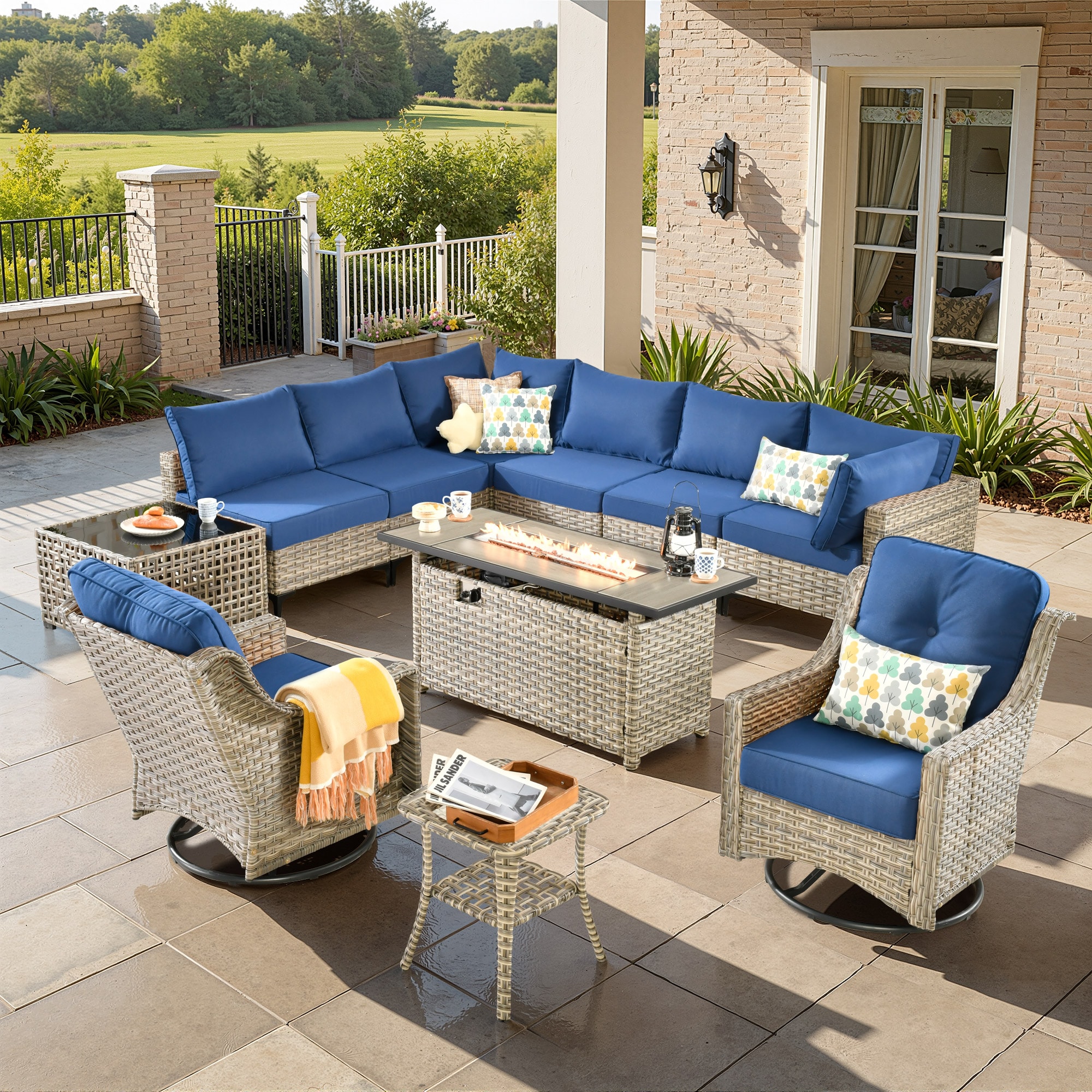 ALTRIGUS 6LCFP8504YZSKT711AL 11 -Piece Wicker Patio Sofa Conversation Set with Navy Cushions