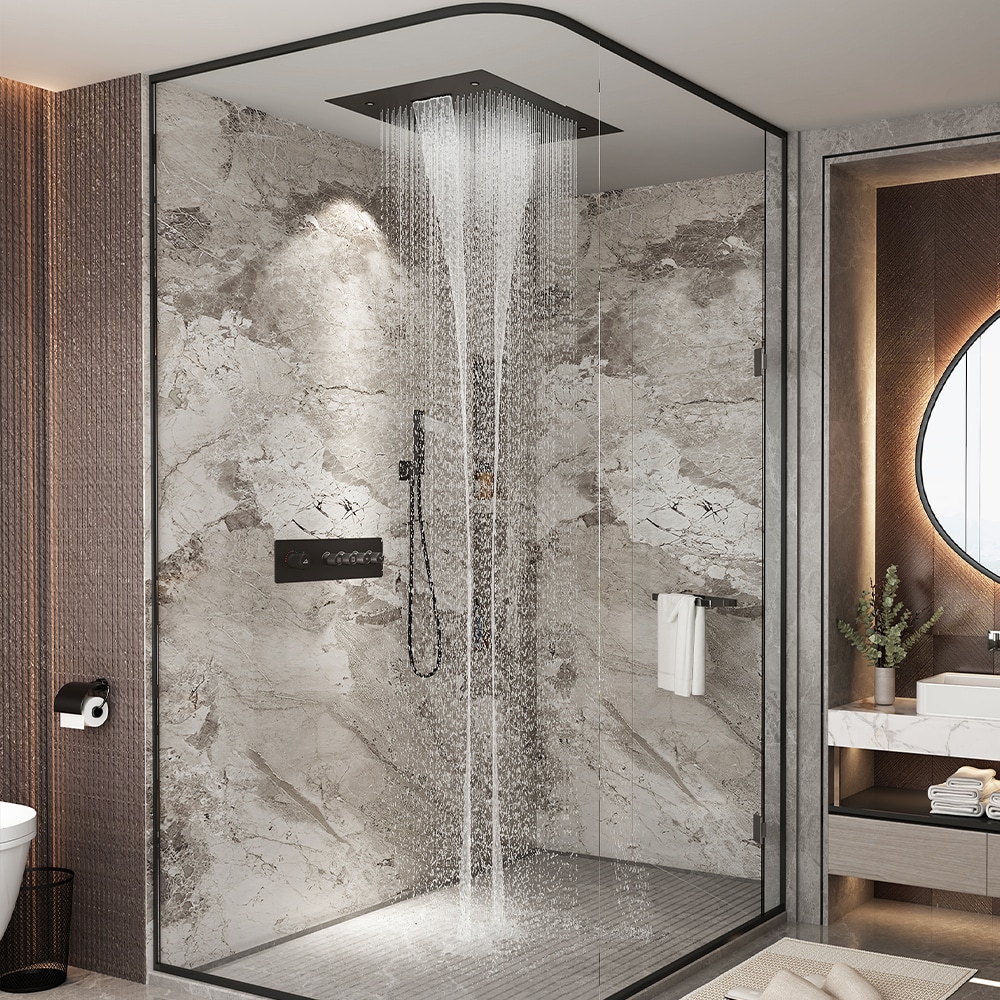 CASAINC KCHS0024-MB Shower System Matte Black 23.6-in Waterfall Built-In Shower Faucet System with 2-way Diverter ( Thermostatic Valve Included )