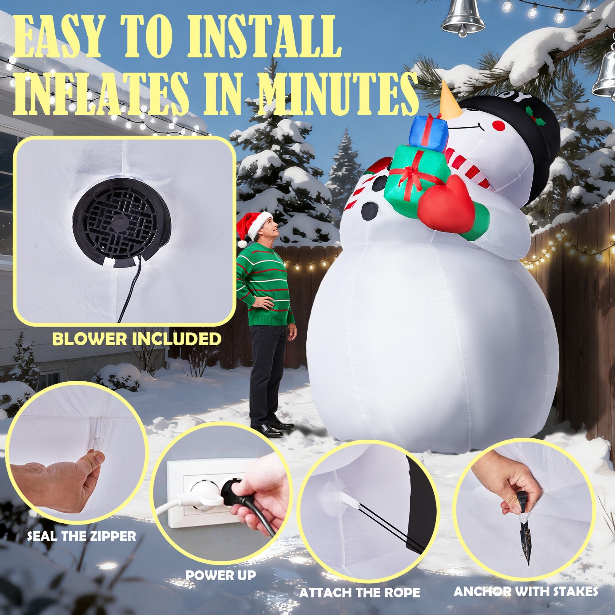 Numhew 12 ft Lighted Inflatable Snowman Holding Gift Boxes with Built ...
