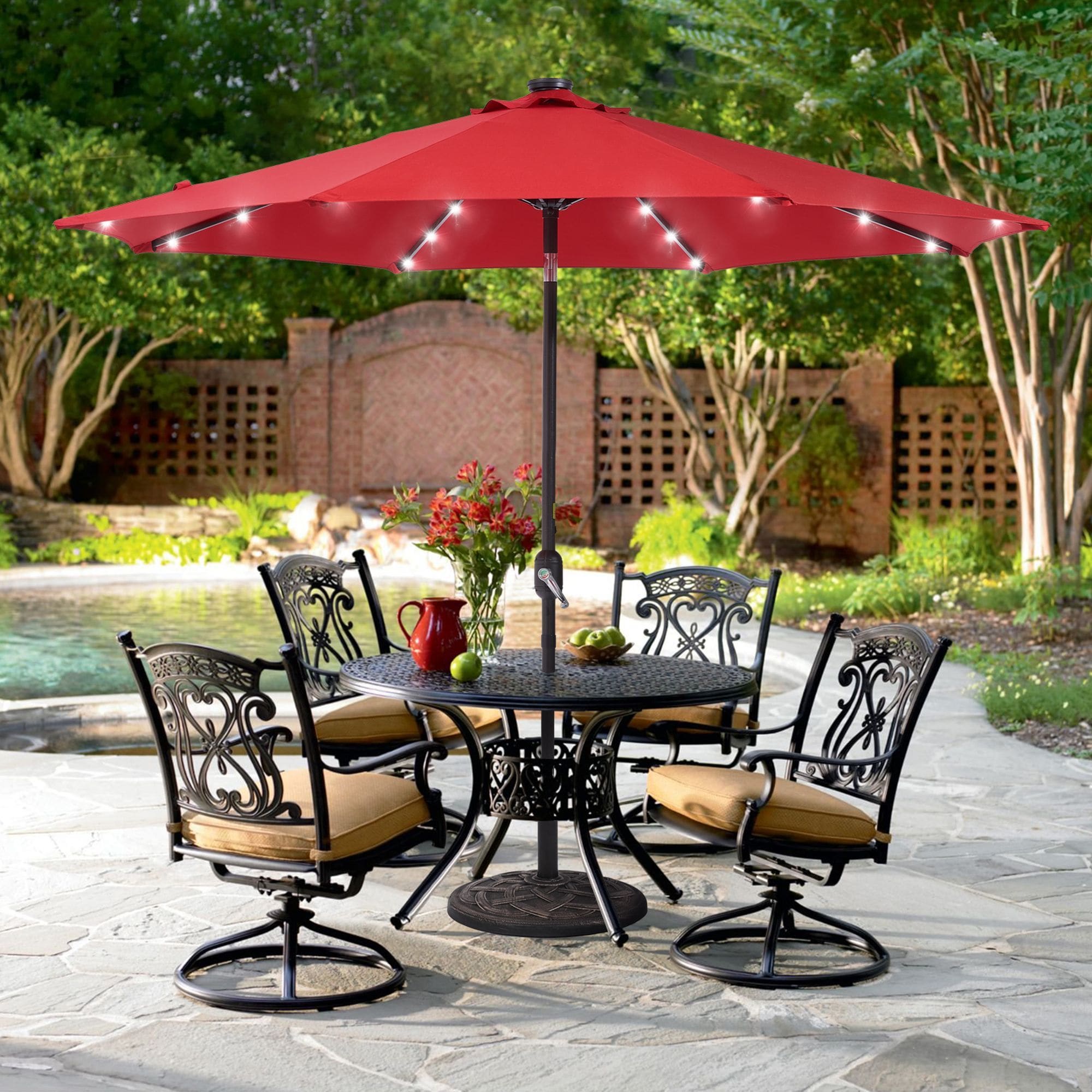 Sonkuki SD-027R-LED 9-Feet Steel Red Push-button Tilt Market Patio Umbrella with Lights and