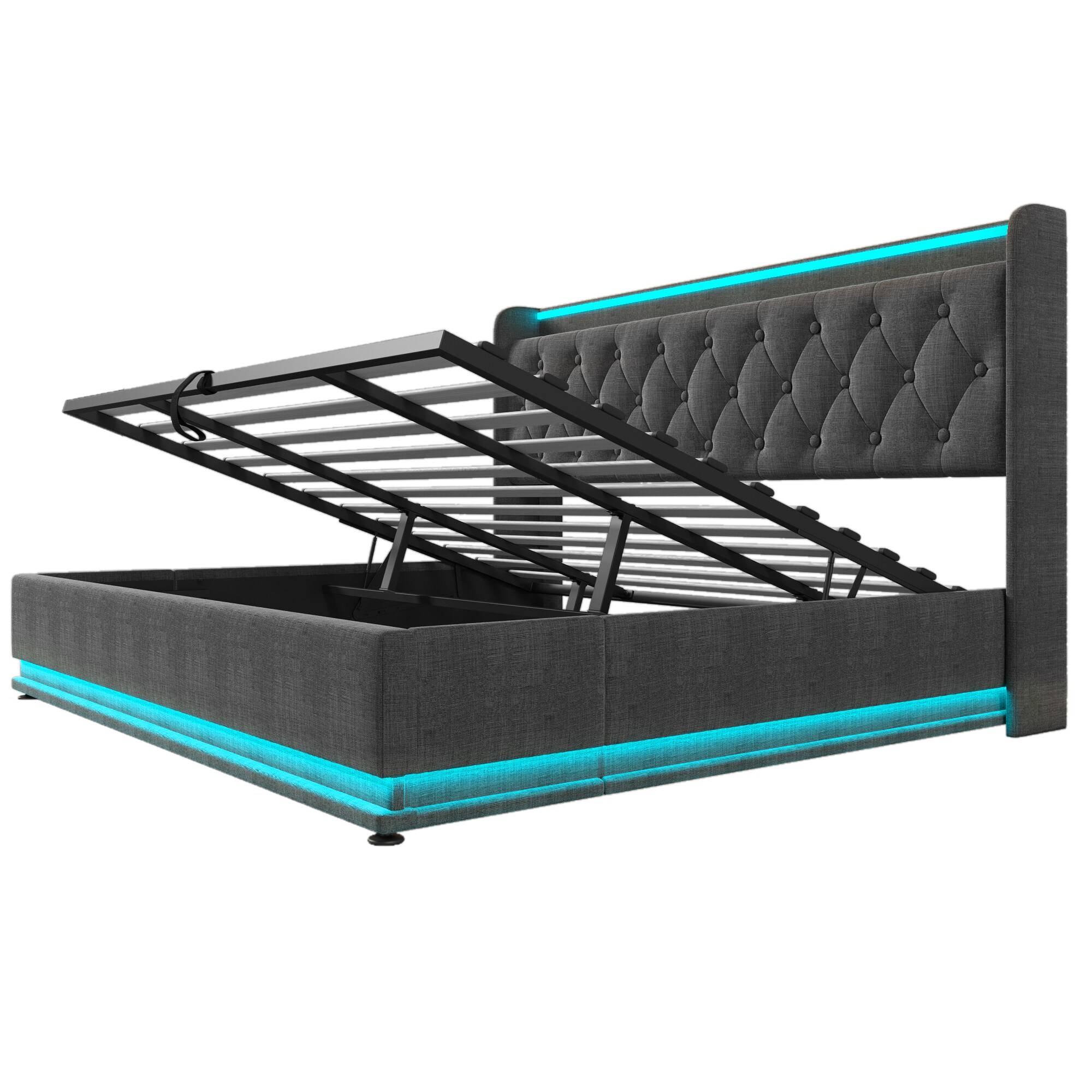 MooxvMoo King Size Upholstered Bed 360 Surround LED Function Hydraulic ...
