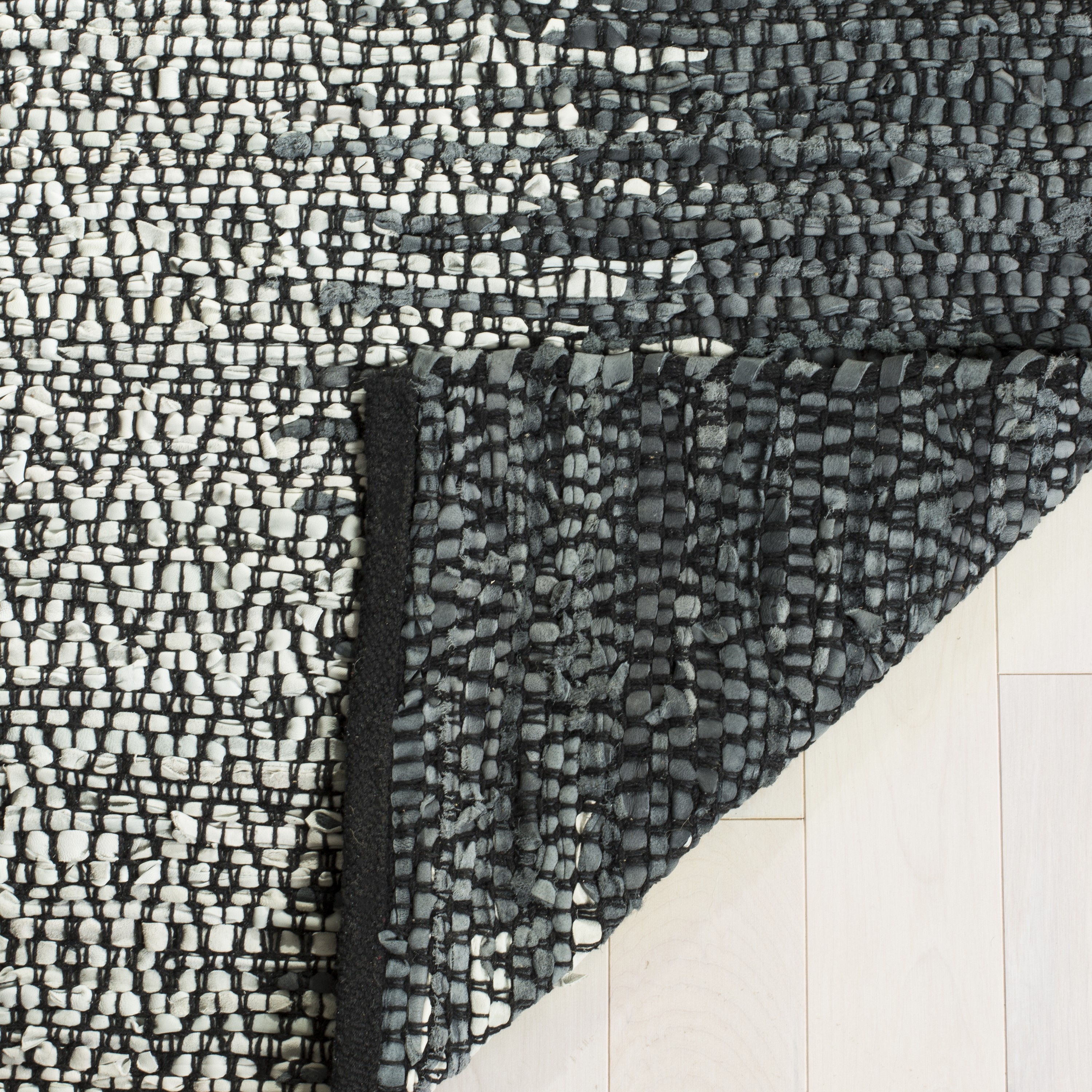 Gray and Cream Handmade Leather Flat Woven Area Rug