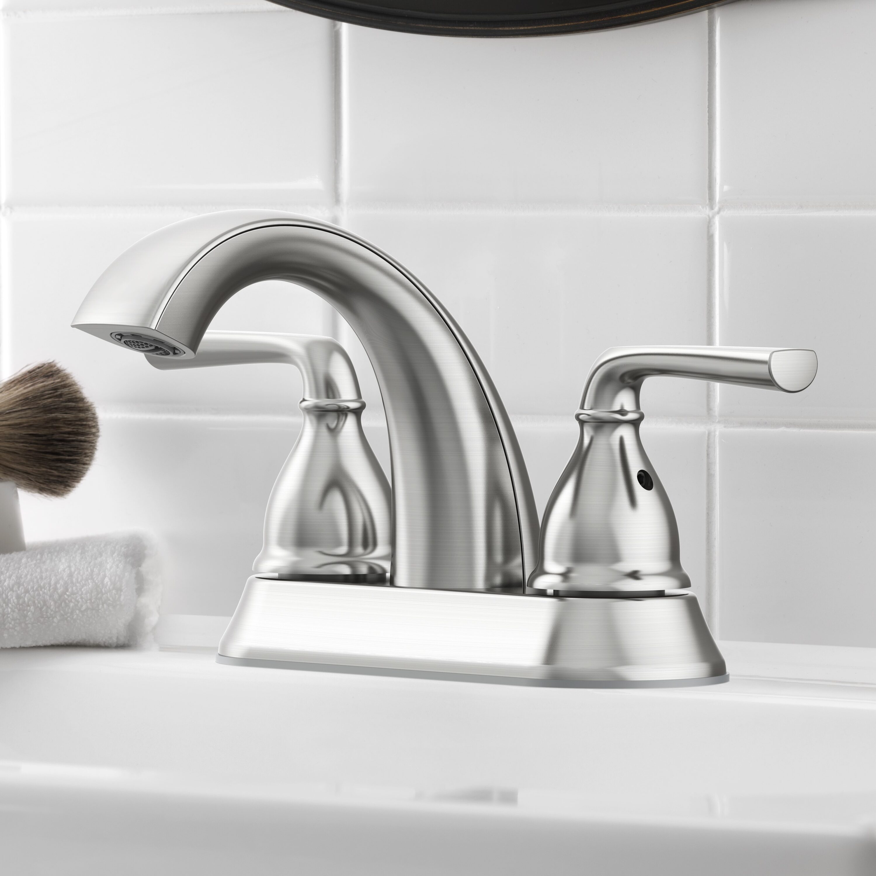 allen + roth 67123W-6204 Reagan Brushed Nickel 4-in centerset 2-handle WaterSense High-arc Residential Handle Bathroom Sink Faucet with Drain with Deck Plate