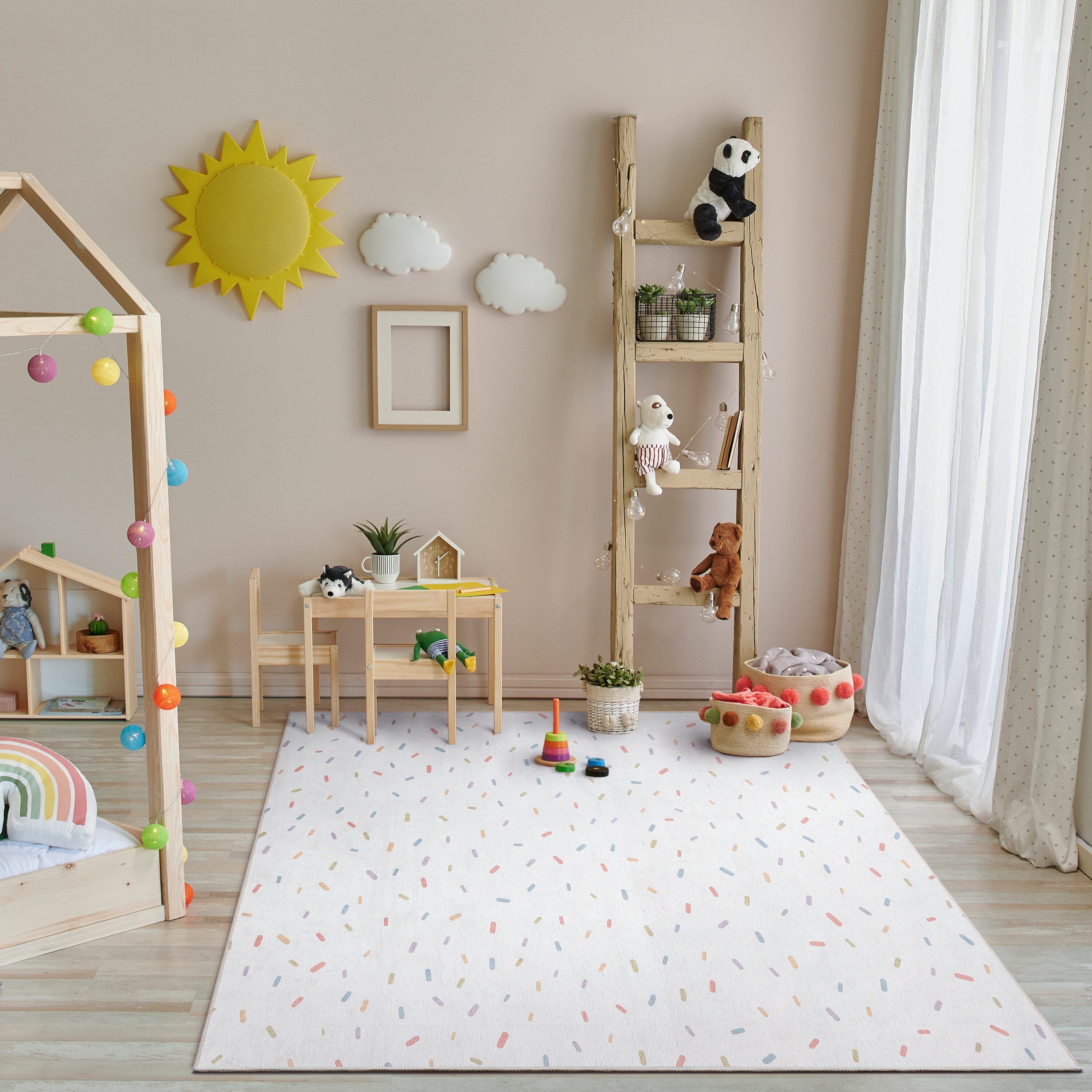 White and Multicolor Chenille Flat Woven Kids Rug, 6' x 9'