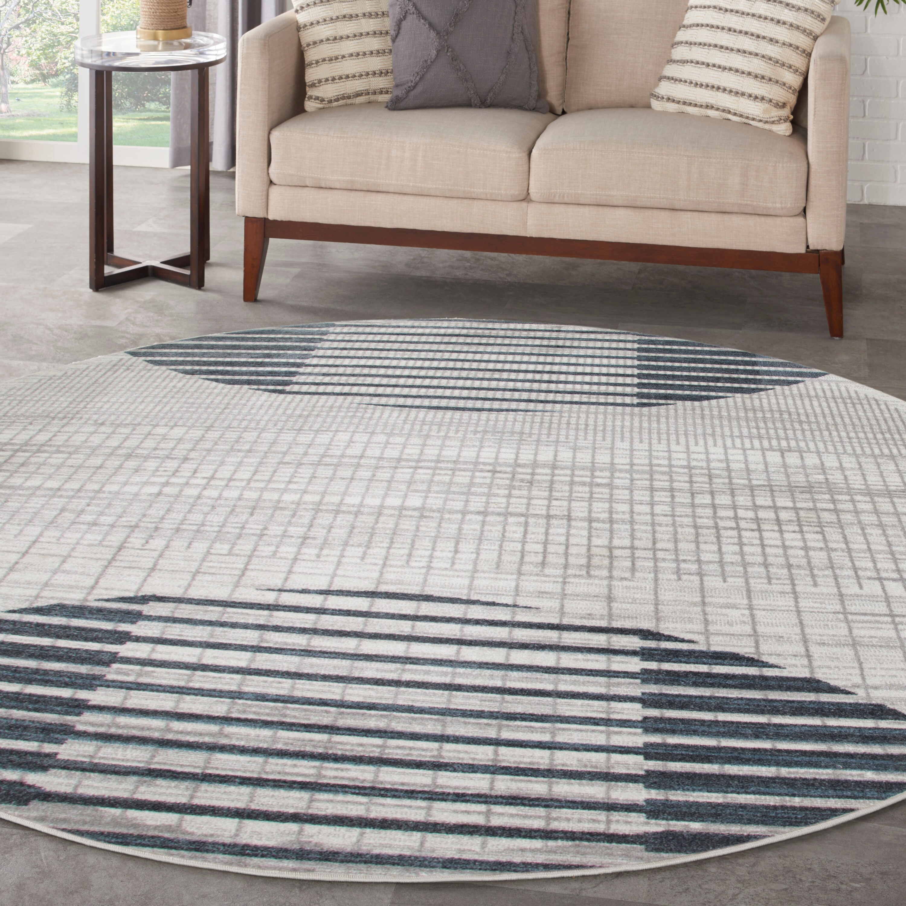 Astra Blue and Ivory Round Geometric Washable Rug 5'3"
