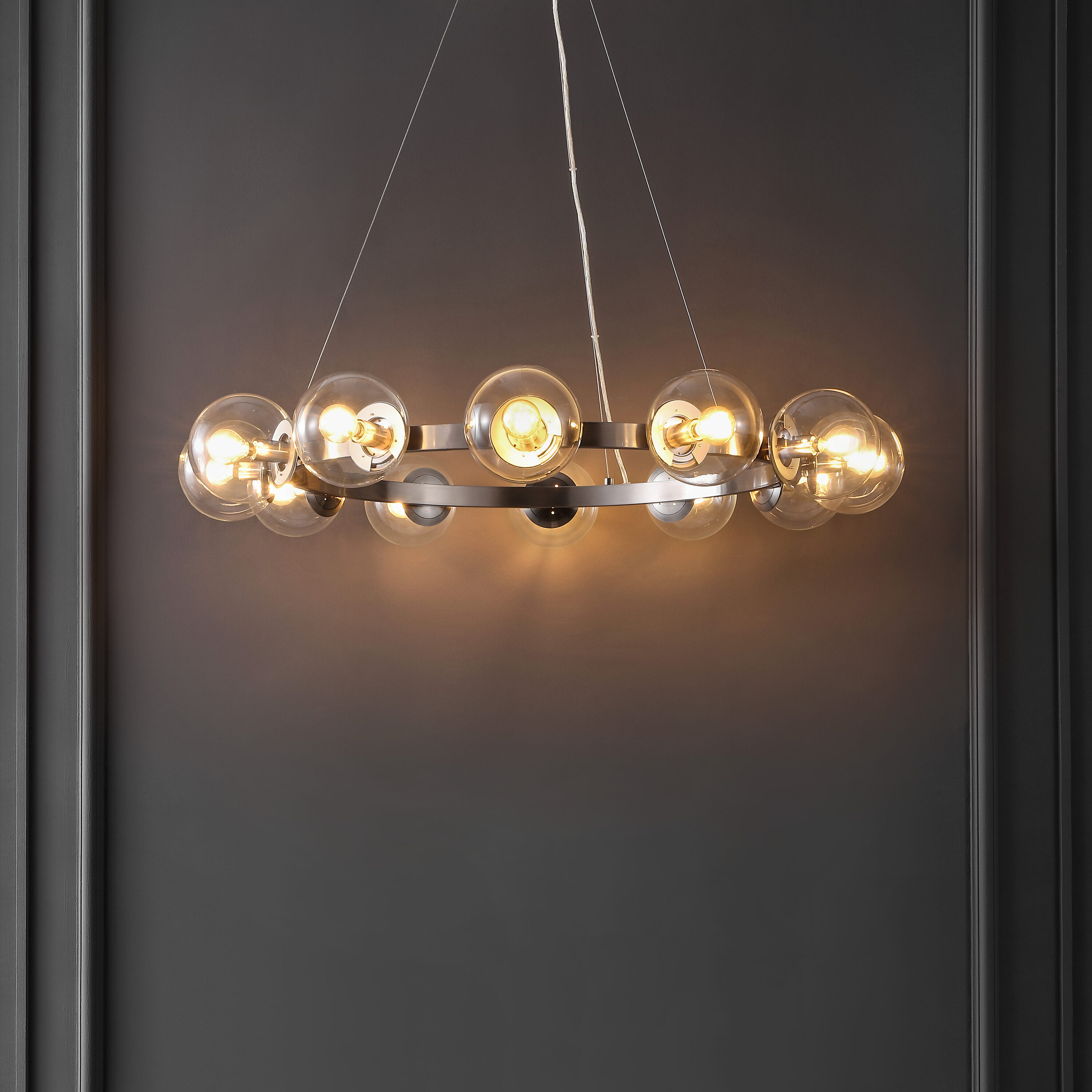 Elegant Nickel and Crystal 38" Chandelier with Glass Orbs
