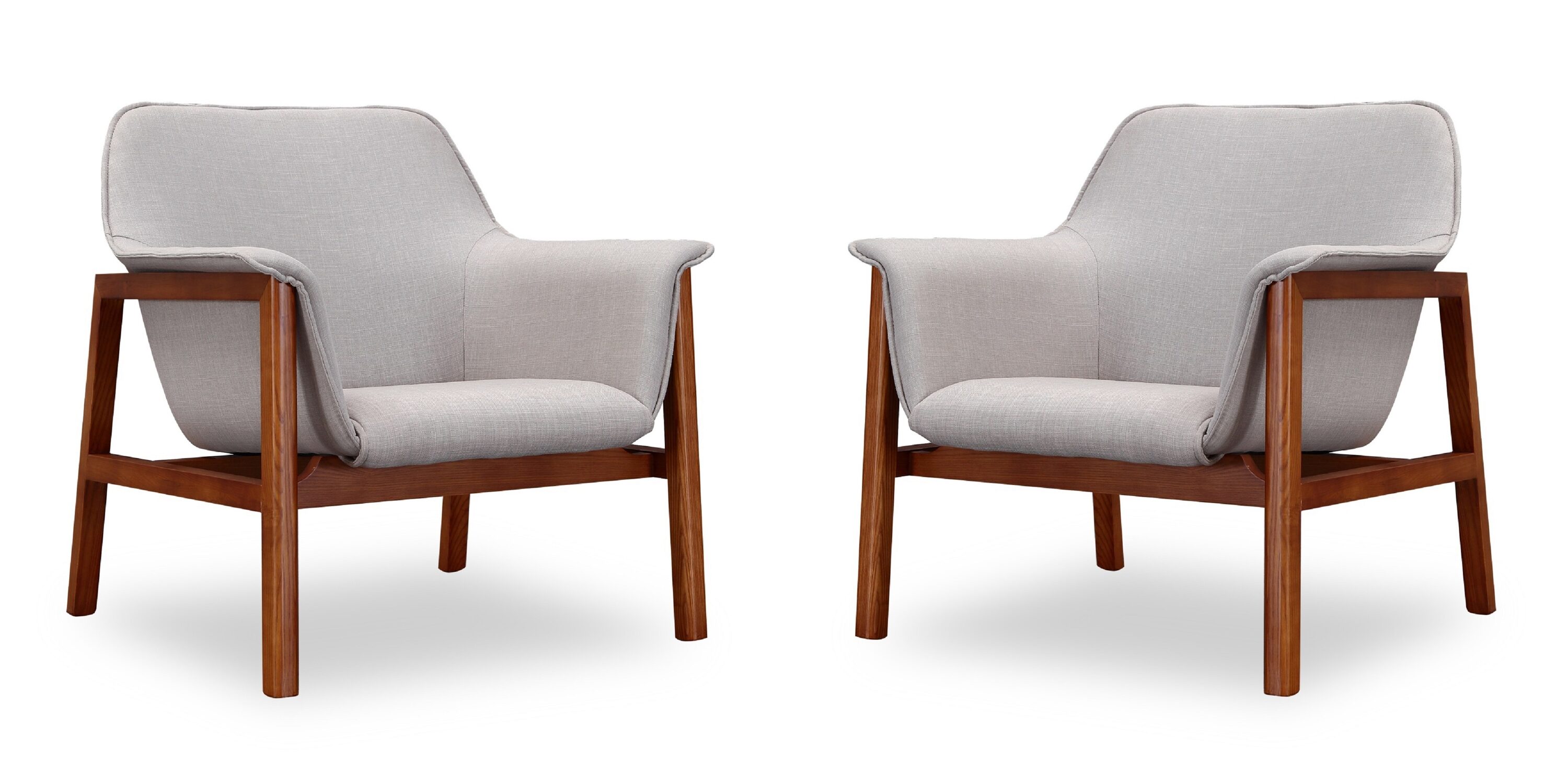 Mid Century Grey Linen & Walnut Wood Accent Chair Set