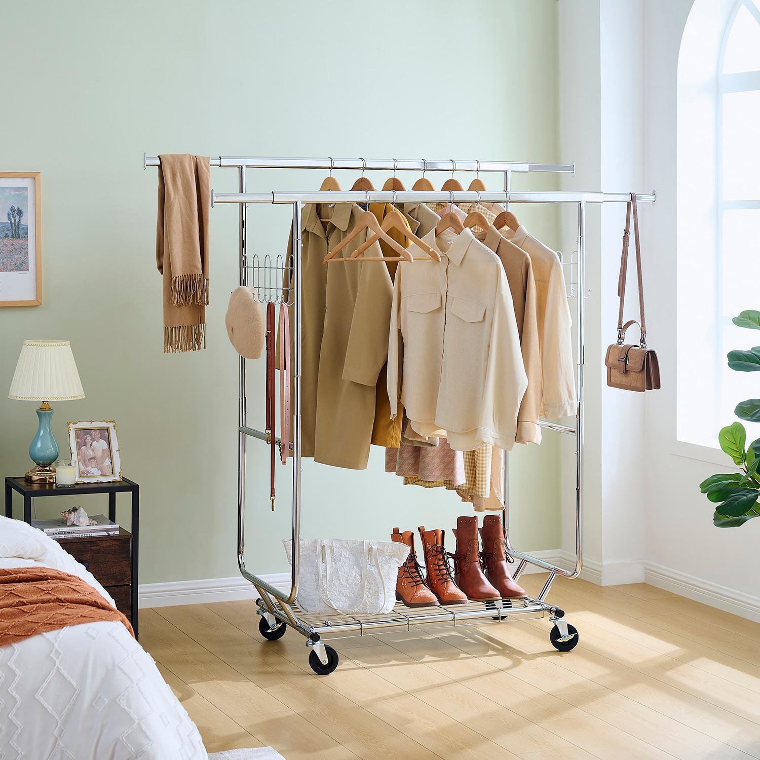 GZMR GZ-CS85035 Double Clothing Garment Rack with Shelves Silver Steel Rolling Clothing rack